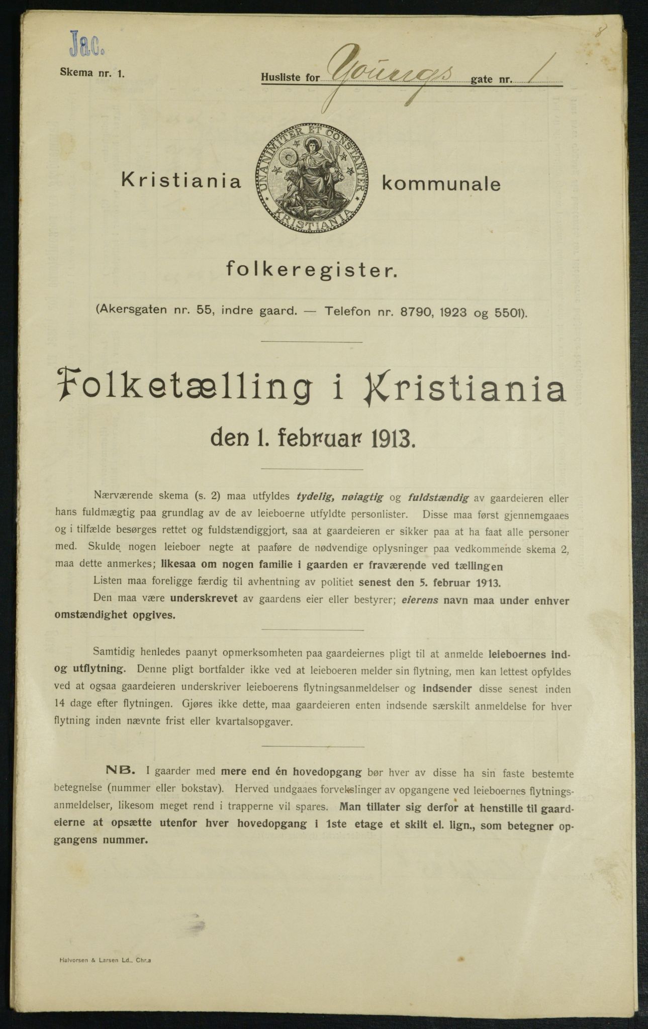 OBA, Kommunal folketelling 1.2.1913 for Kristiania, 1913, s. 128403