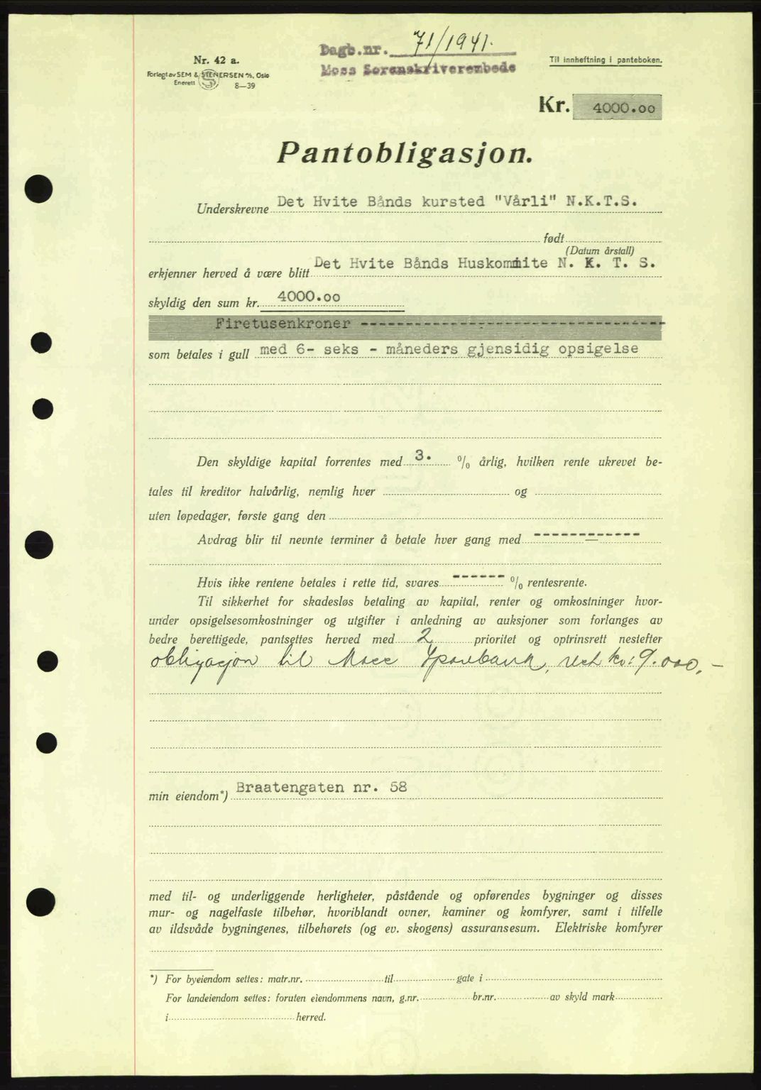 Moss sorenskriveri, SAO/A-10168: Pantebok nr. B10, 1940-1941, Dagboknr: 71/1941