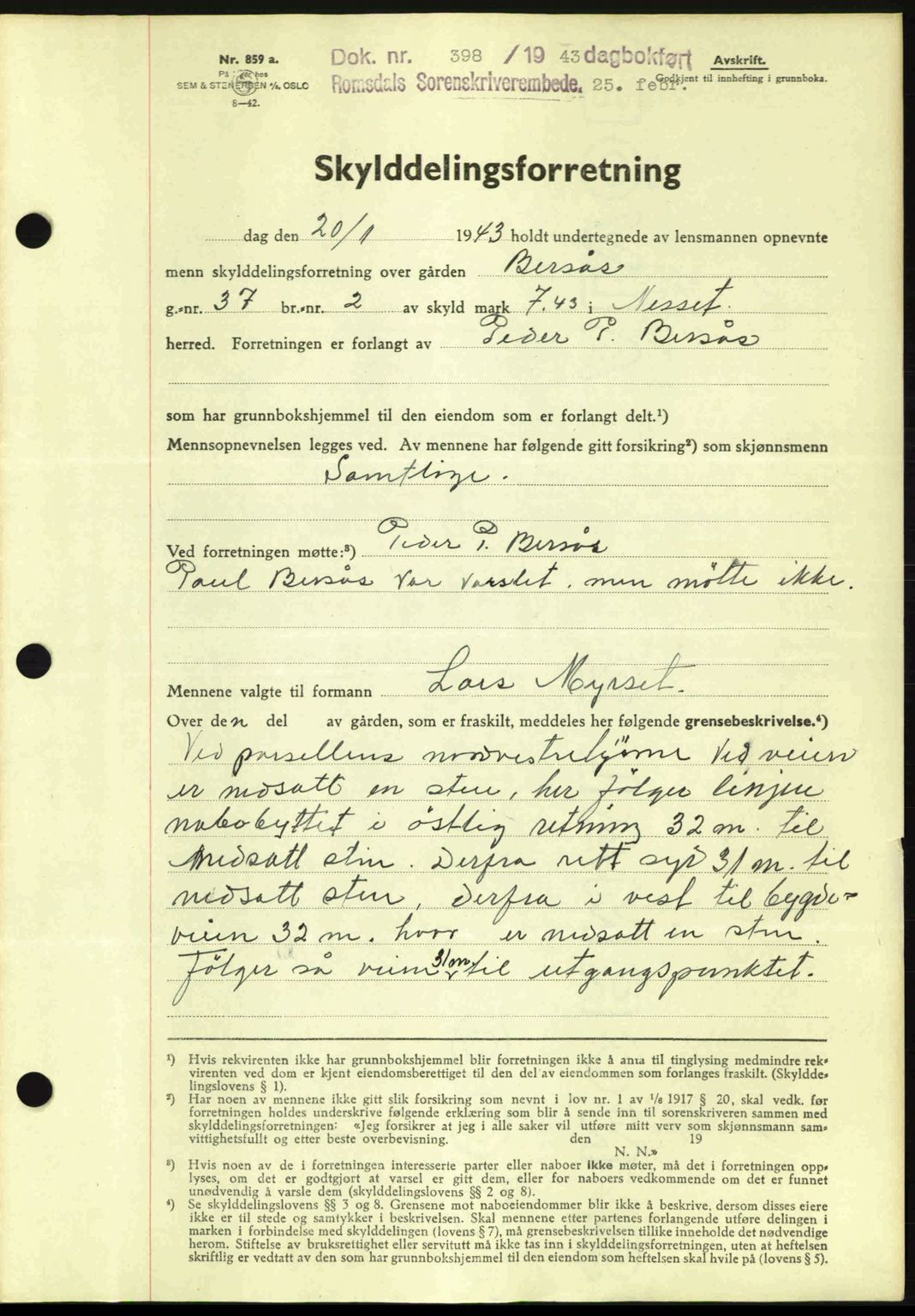 Romsdal sorenskriveri, SAT/A-4149/1/2/2C: Pantebok nr. A13, 1942-1943, Dagboknr: 398/1943