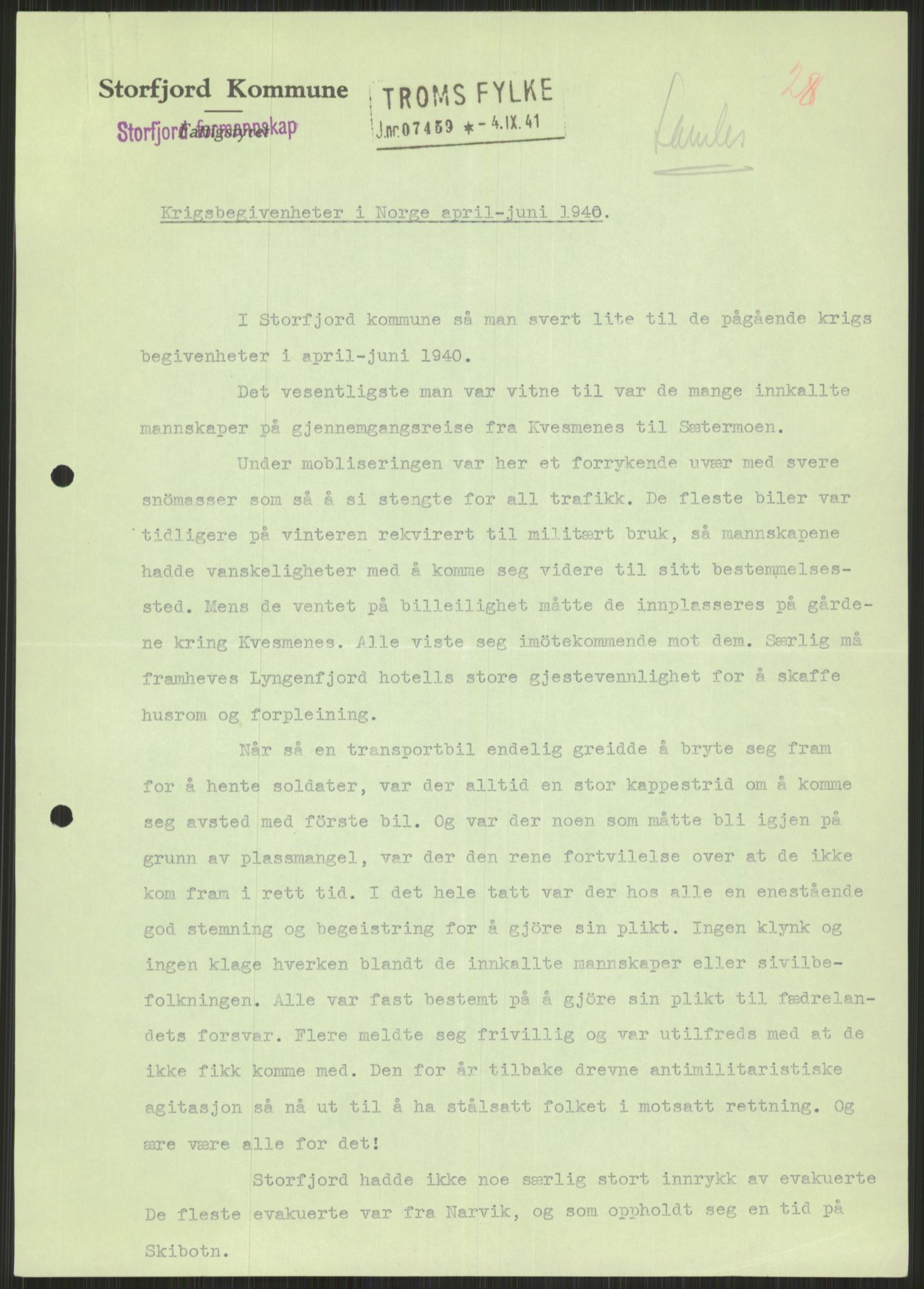 Forsvaret, Forsvarets krigshistoriske avdeling, AV/RA-RAFA-2017/Y/Ya/L0017: II-C-11-31 - Fylkesmenn.  Rapporter om krigsbegivenhetene 1940., 1940, s. 643