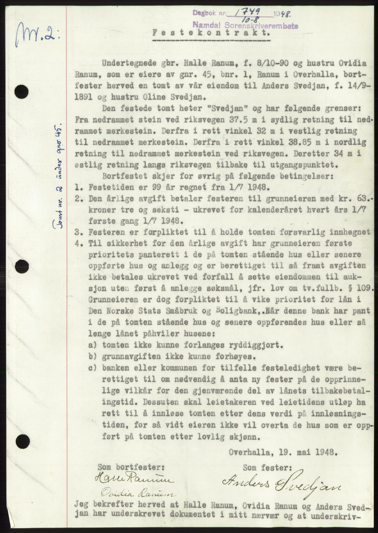 Namdal sorenskriveri, SAT/A-4133/1/2/2C: Pantebok nr. -, 1948-1948, Dagboknr: 1749/1948