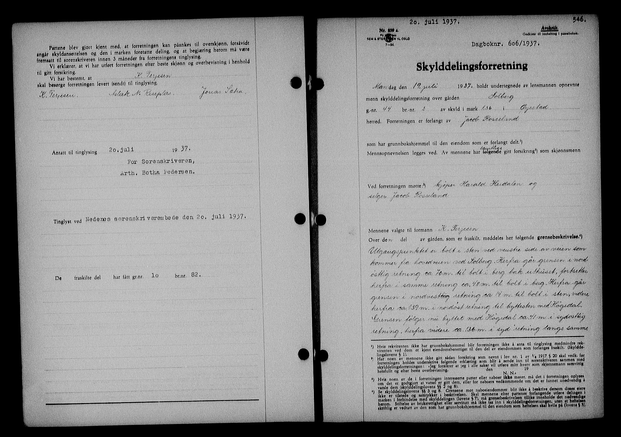 Nedenes sorenskriveri, AV/SAK-1221-0006/G/Gb/Gba/L0043: Pantebok nr. 39, 1936-1937, Dagboknr: 606/1937