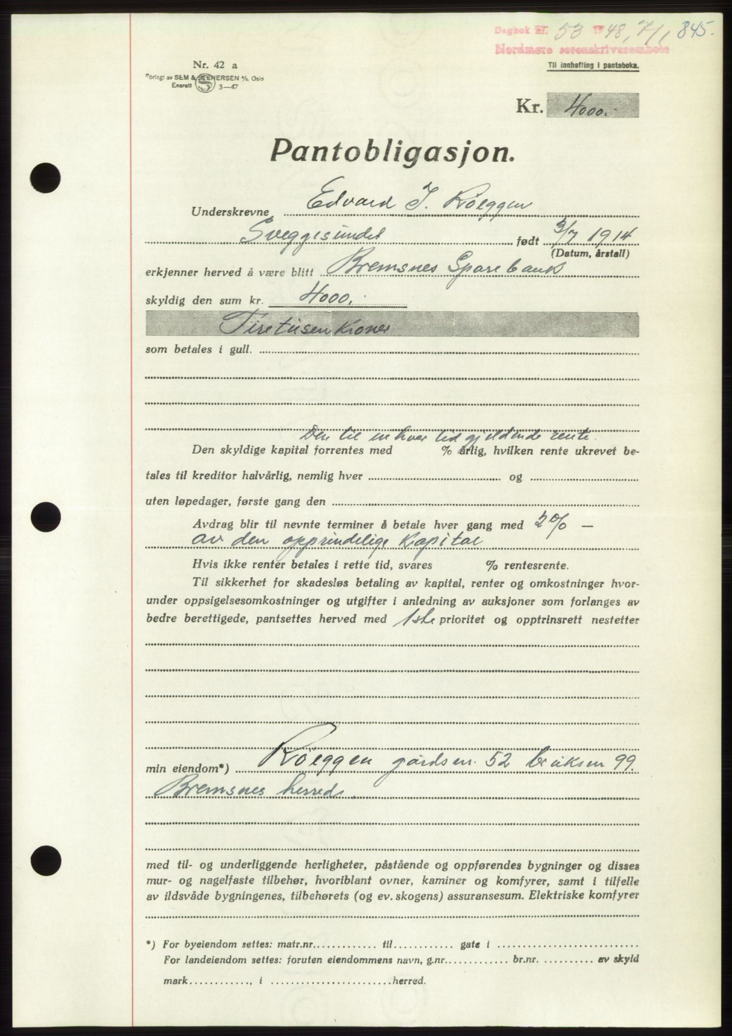 Nordmøre sorenskriveri, AV/SAT-A-4132/1/2/2Ca: Pantebok nr. B97, 1947-1948, Dagboknr: 53/1948