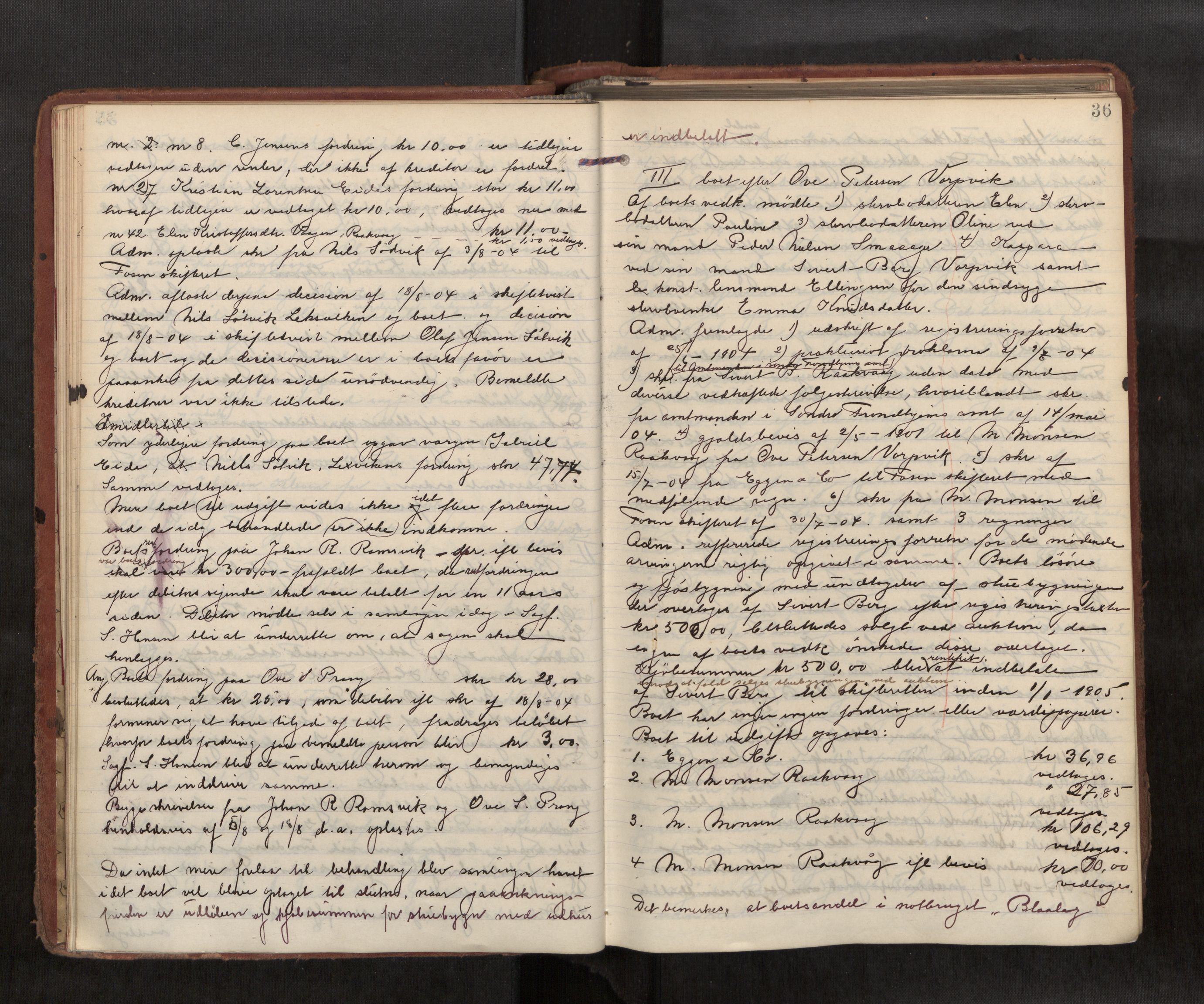 Fosen sorenskriveri, AV/SAT-A-1107/1/3/3B/L0008: Skiftebehandlingsprotokoll, 1904-1907, s. 36
