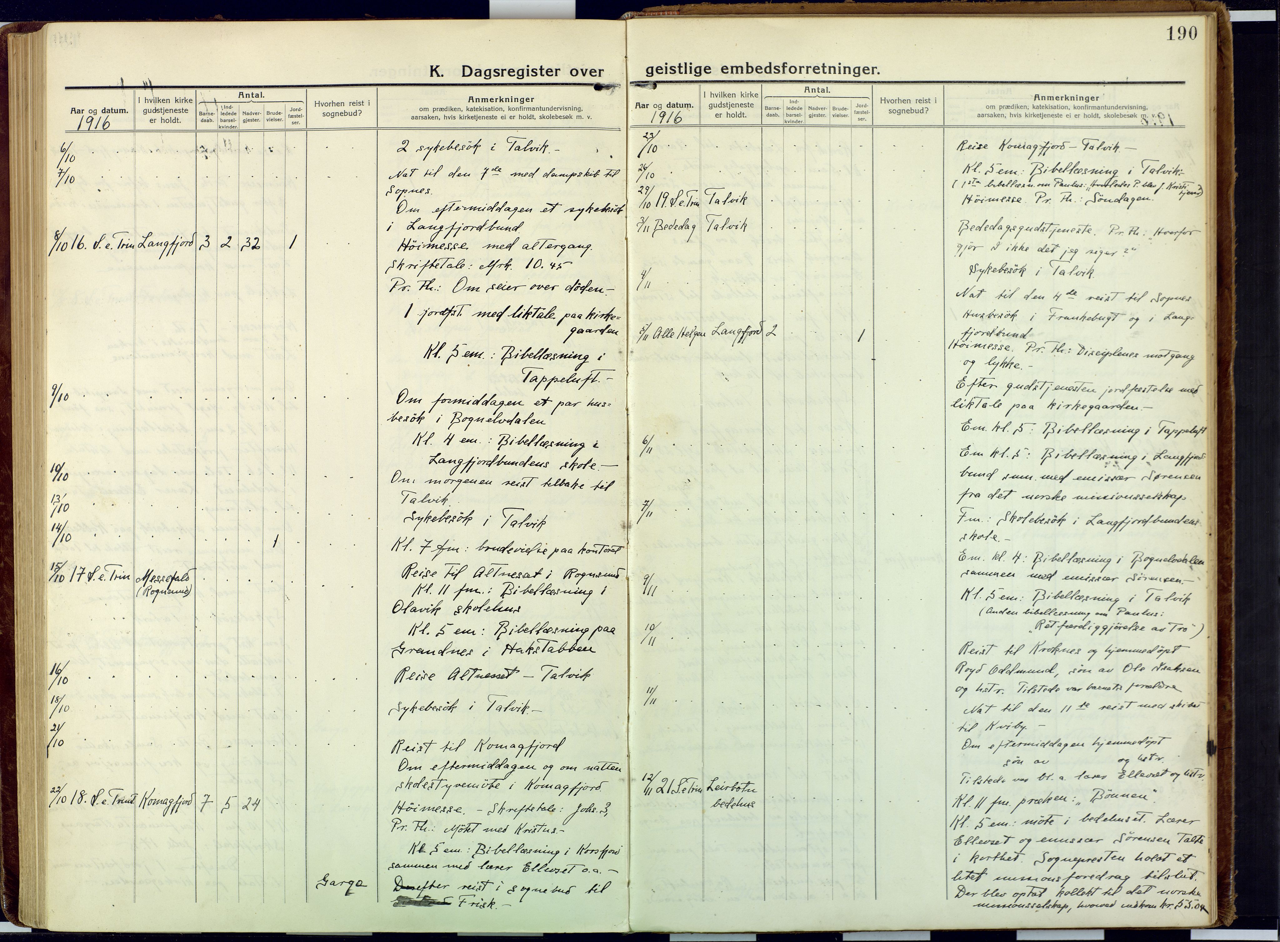 Talvik sokneprestkontor, AV/SATØ-S-1337/H/Ha/L0018kirke: Ministerialbok nr. 18, 1915-1924, s. 190