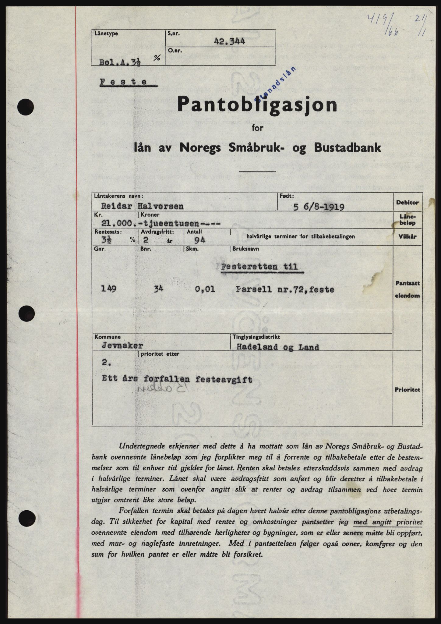 Hadeland og Land tingrett, SAH/TING-010/H/Hb/Hbc/L0061: Pantebok nr. B61, 1965-1966, Dagboknr: 419/1966