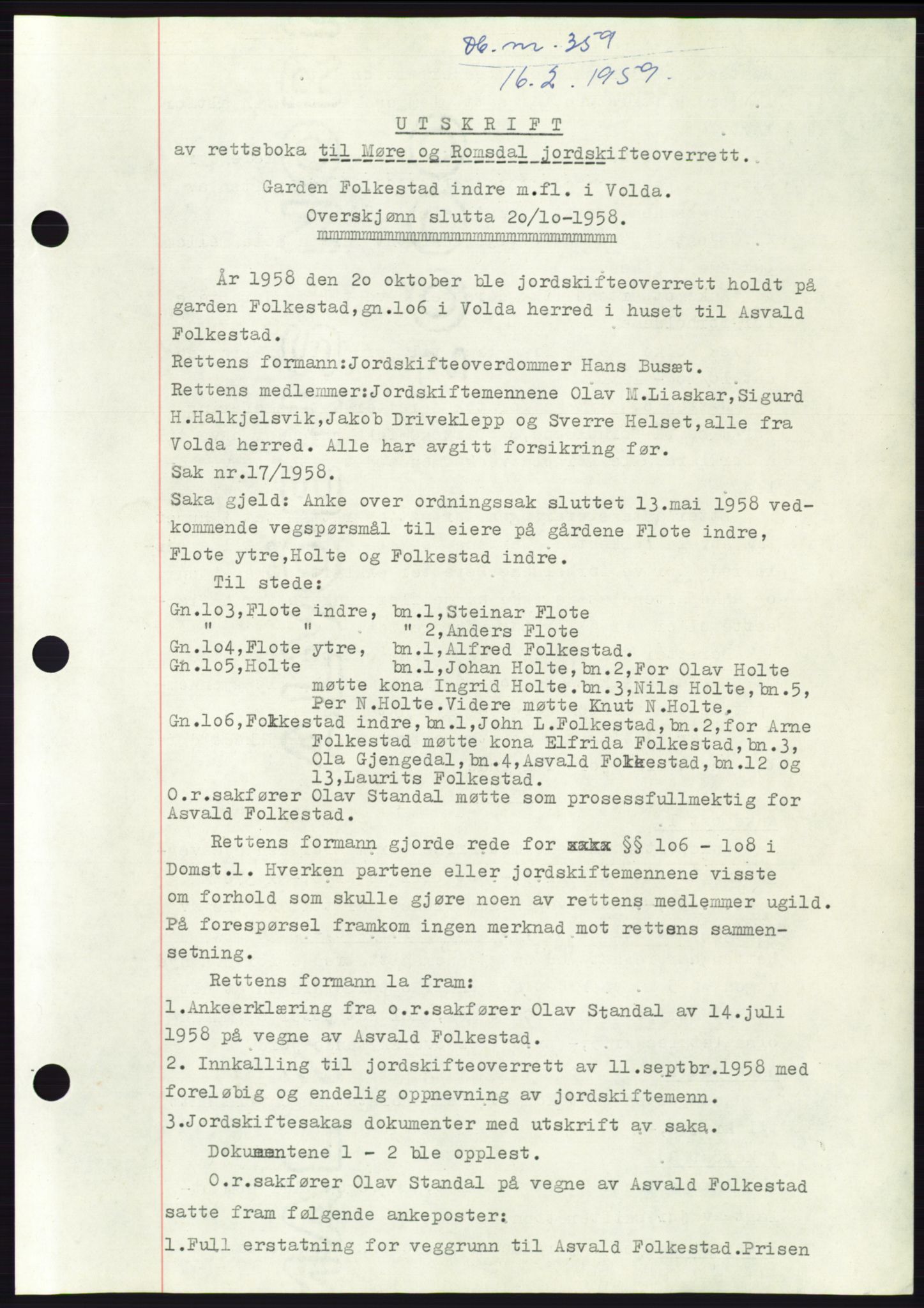 Søre Sunnmøre sorenskriveri, SAT/A-4122/1/2/2C/L0112: Pantebok nr. 38A, 1959-1959, Dagboknr: 359/1959
