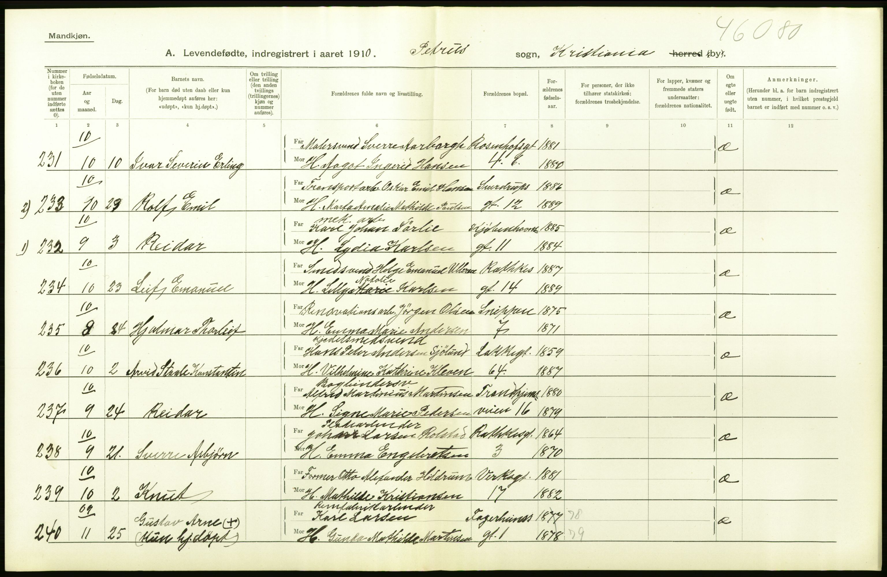 Statistisk sentralbyrå, Sosiodemografiske emner, Befolkning, AV/RA-S-2228/D/Df/Dfa/Dfah/L0006: Kristiania: Levendefødte menn., 1910, s. 372