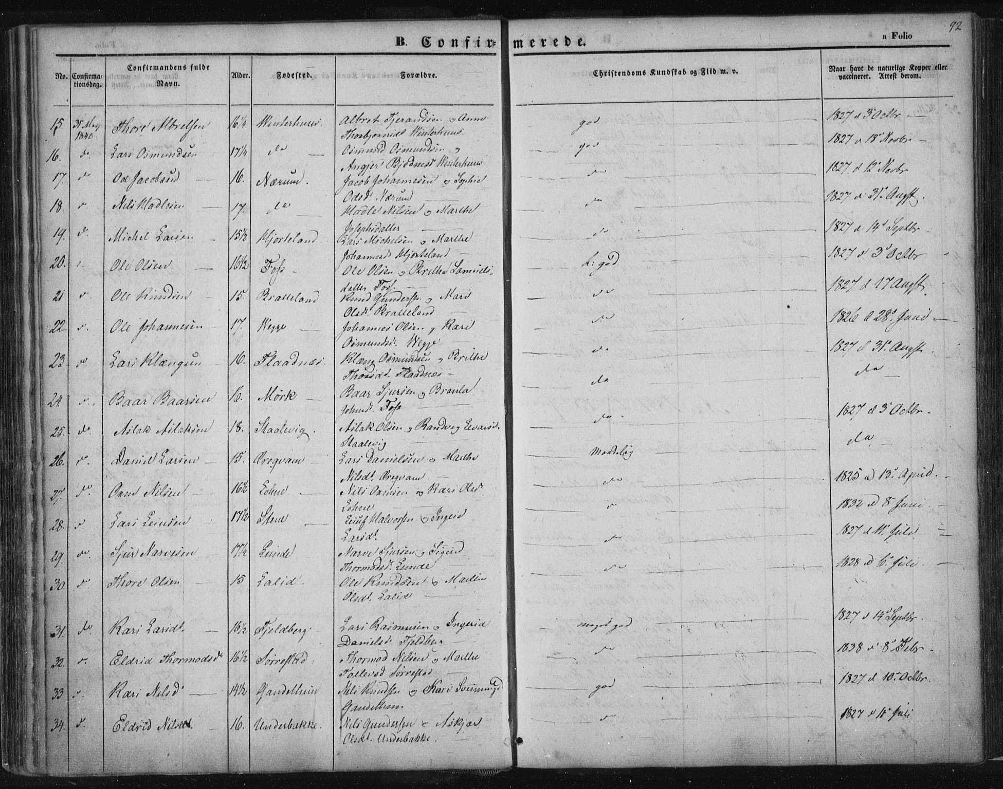 Suldal sokneprestkontor, AV/SAST-A-101845/01/IV/L0008: Ministerialbok nr. A 8, 1836-1853, s. 92