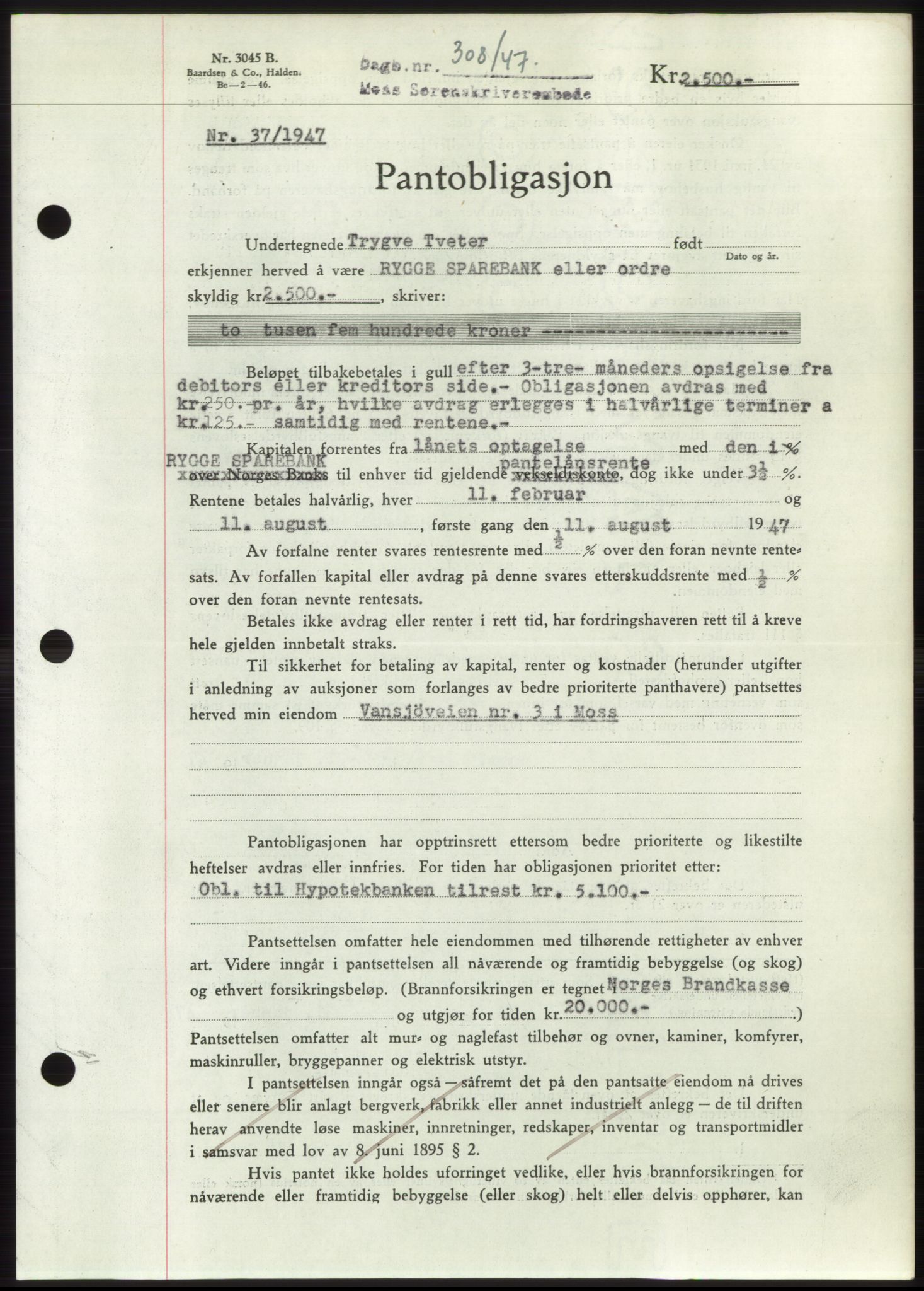 Moss sorenskriveri, SAO/A-10168: Pantebok nr. B16, 1946-1947, Dagboknr: 308/1947