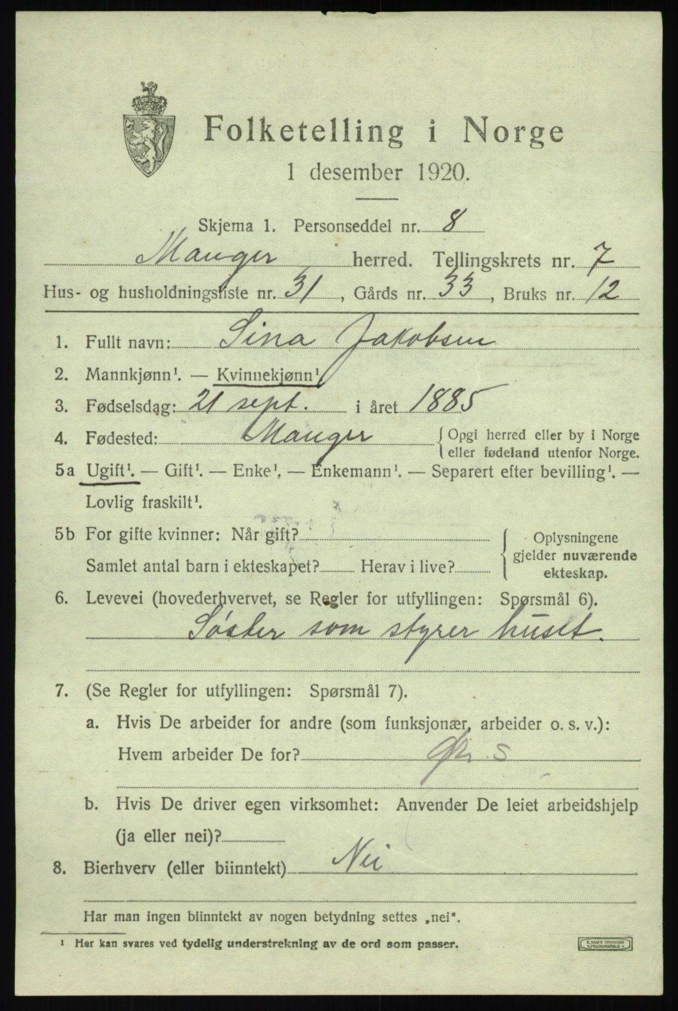 SAB, Folketelling 1920 for 1261 Manger herred, 1920, s. 4725