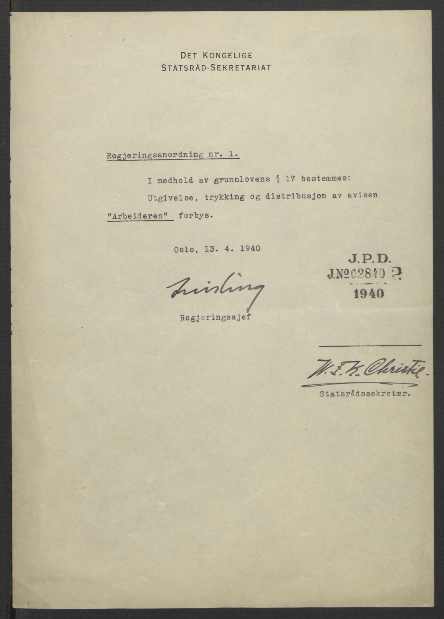 NS-administrasjonen 1940-1945 (Statsrådsekretariatet, de kommisariske statsråder mm), AV/RA-S-4279/D/Db/L0111/0003: Saker fra krigsårene / Journal, 1940-1945, s. 4