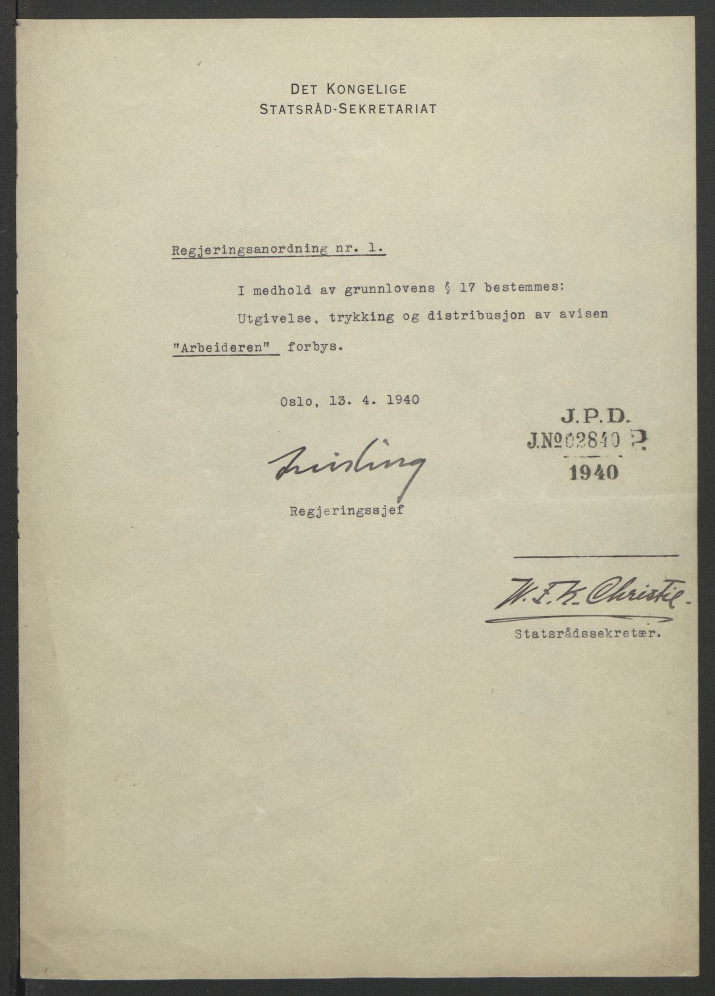 NS-administrasjonen 1940-1945 (Statsrådsekretariatet, de kommisariske statsråder mm), RA/S-4279/D/Db/L0111/0003: Saker fra krigsårene / Journal, 1940-1945, s. 4