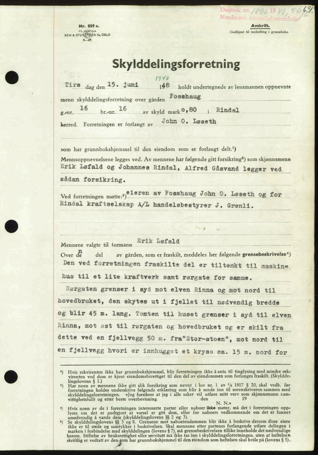 Nordmøre sorenskriveri, SAT/A-4132/1/2/2Ca: Pantebok nr. A108, 1948-1948, Dagboknr: 1896/1948