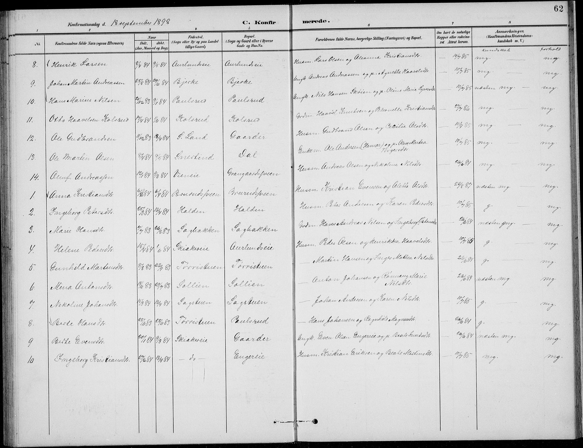 Nordre Land prestekontor, SAH/PREST-124/H/Ha/Hab/L0014: Klokkerbok nr. 14, 1891-1907, s. 62