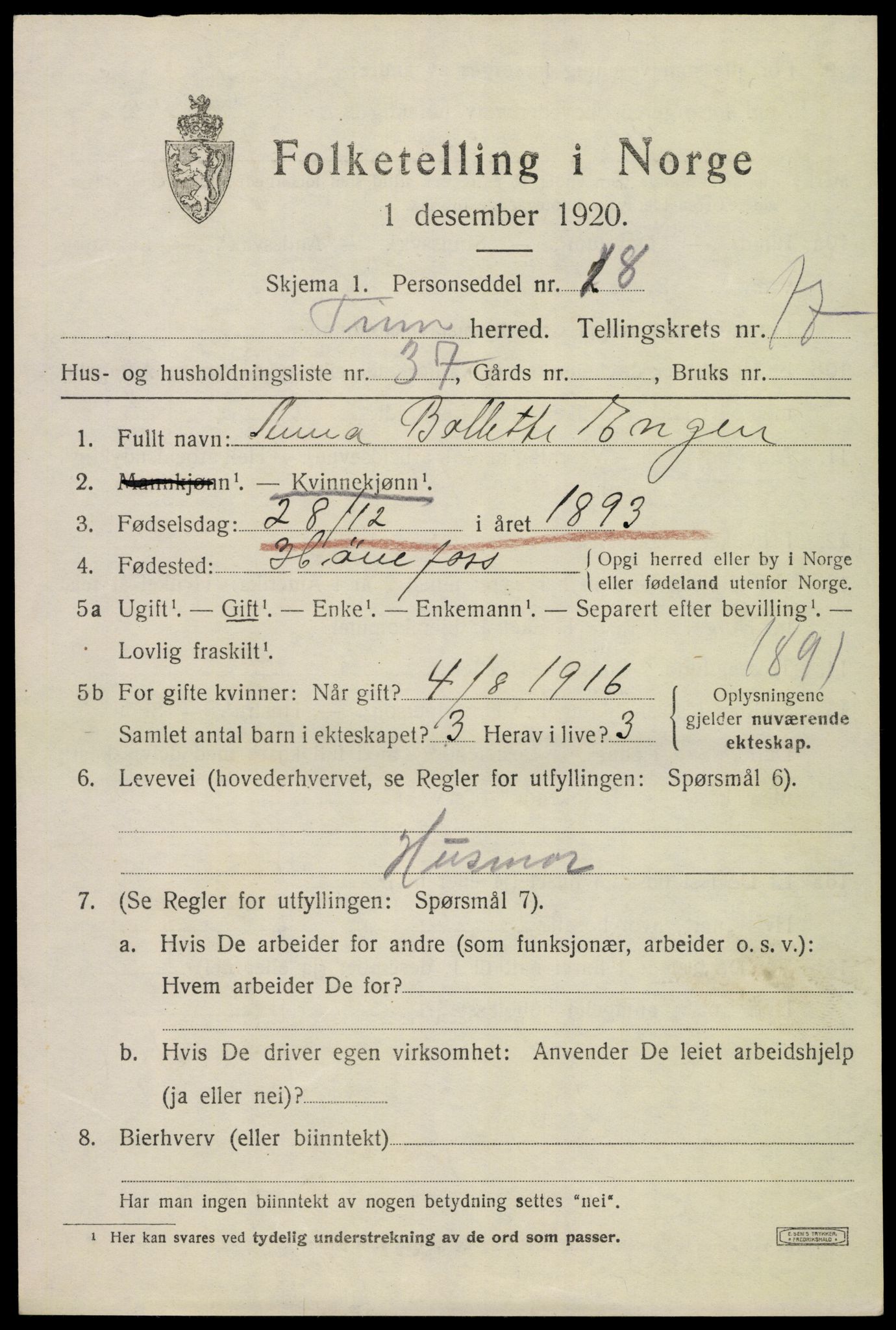 SAKO, Folketelling 1920 for 0826 Tinn herred, 1920, s. 19390