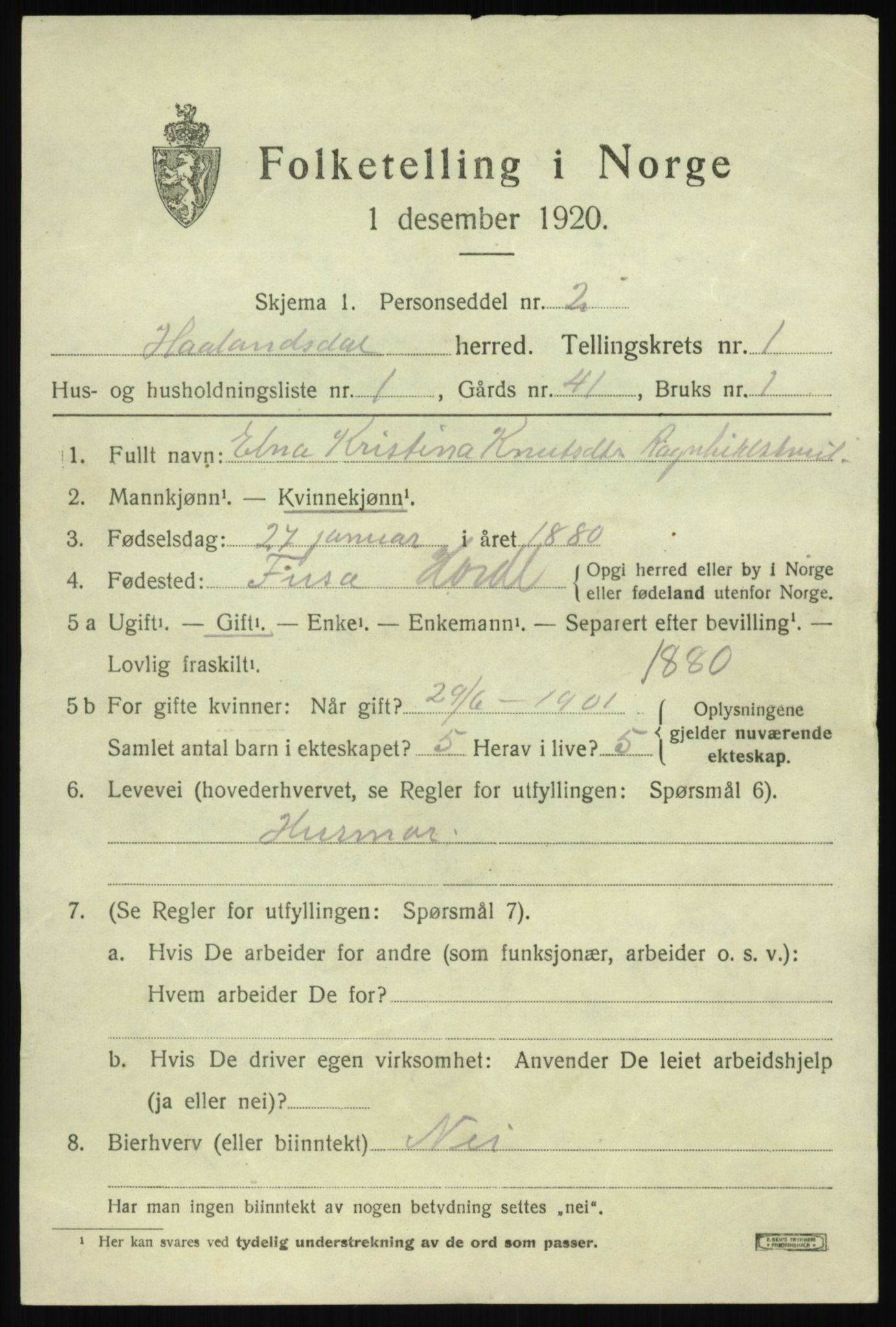 SAB, Folketelling 1920 for 1239 Hålandsdal herred, 1920, s. 242