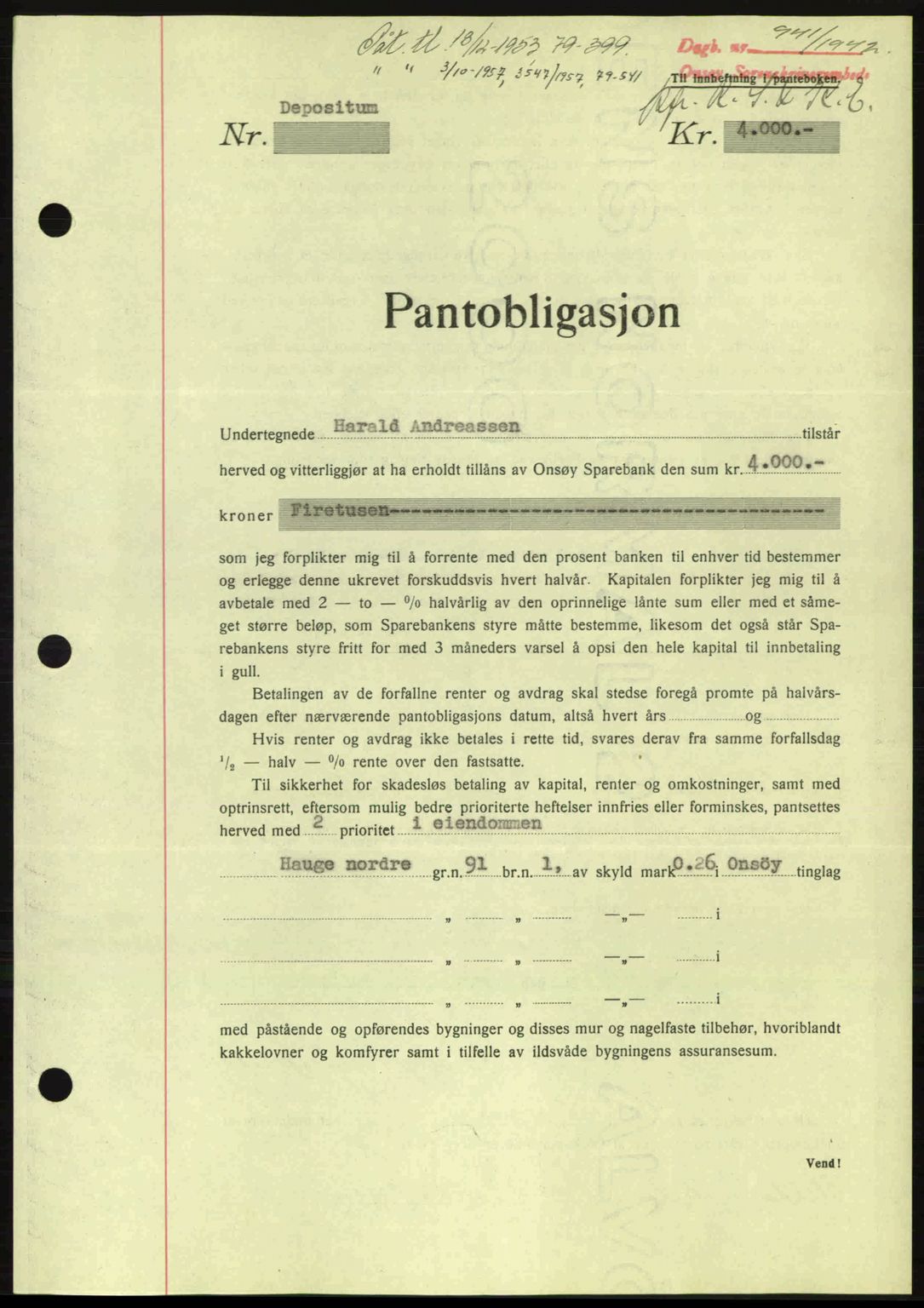 Onsøy sorenskriveri, SAO/A-10474/G/Ga/Gac/L0003: Pantebok nr. B3, 1940-1944, Dagboknr: 941/1942