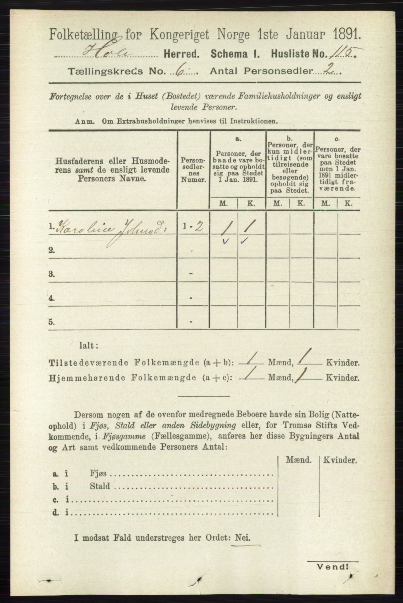 RA, Folketelling 1891 for 0612 Hole herred, 1891, s. 3091