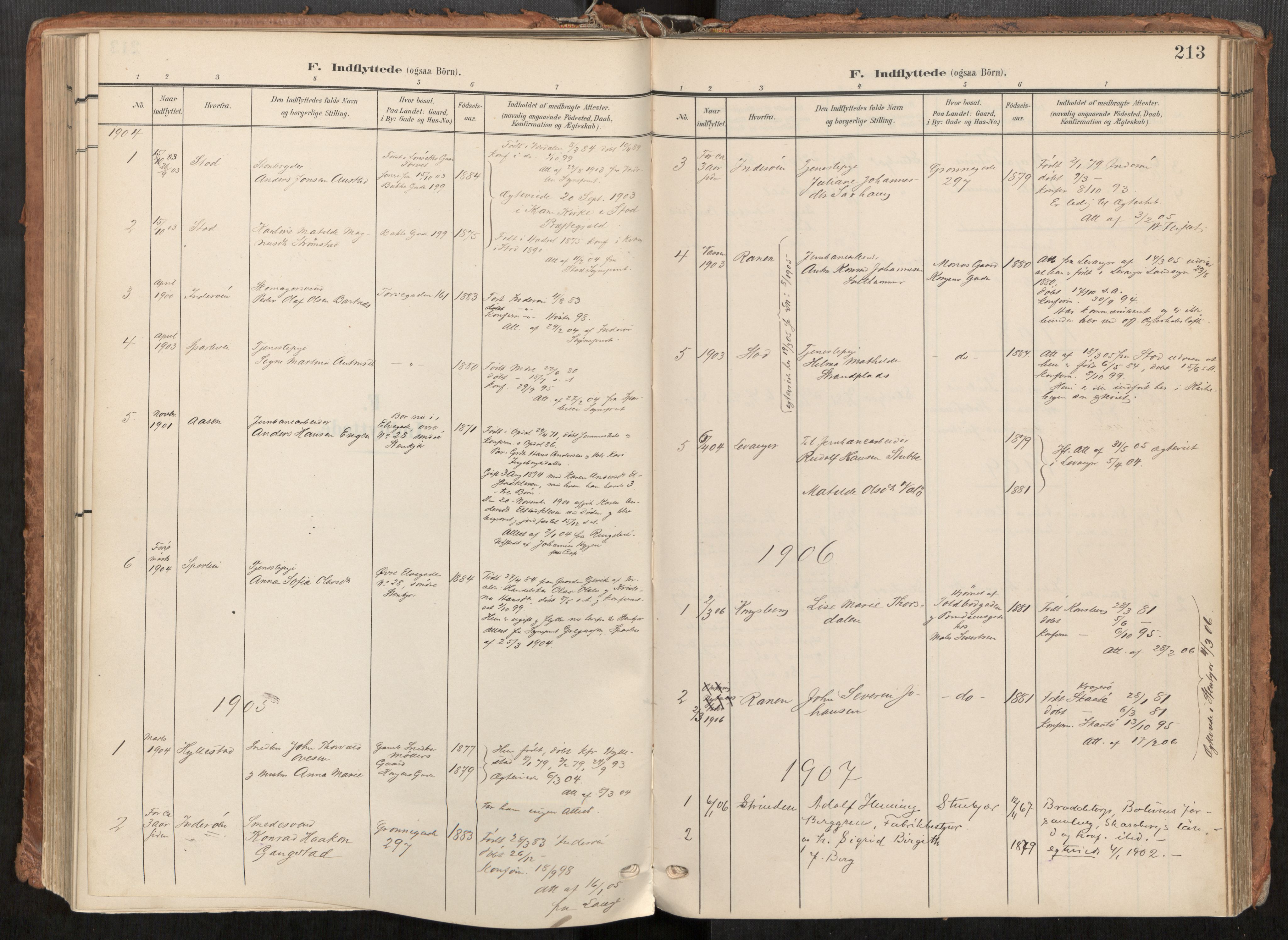 Steinkjer sokneprestkontor, AV/SAT-A-1541/01/H/Ha/Haa/L0001: Ministerialbok nr. 1, 1904-1912, s. 213