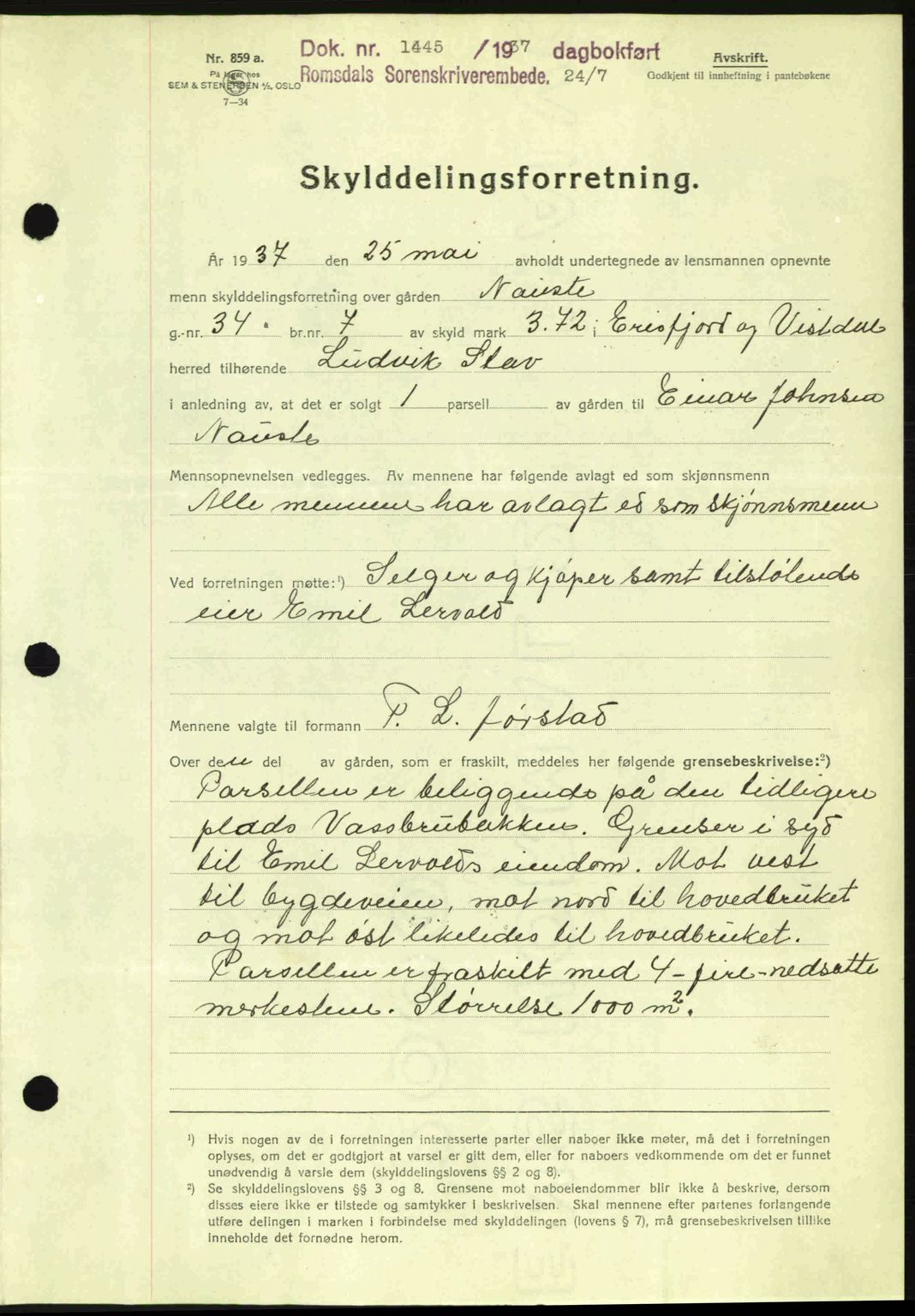 Romsdal sorenskriveri, SAT/A-4149/1/2/2C: Pantebok nr. A3, 1937-1937, Dagboknr: 1445/1937