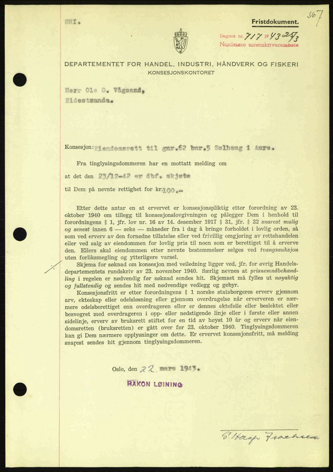 Nordmøre sorenskriveri, SAT/A-4132/1/2/2Ca: Pantebok nr. B90, 1942-1943, Dagboknr: 717/1943