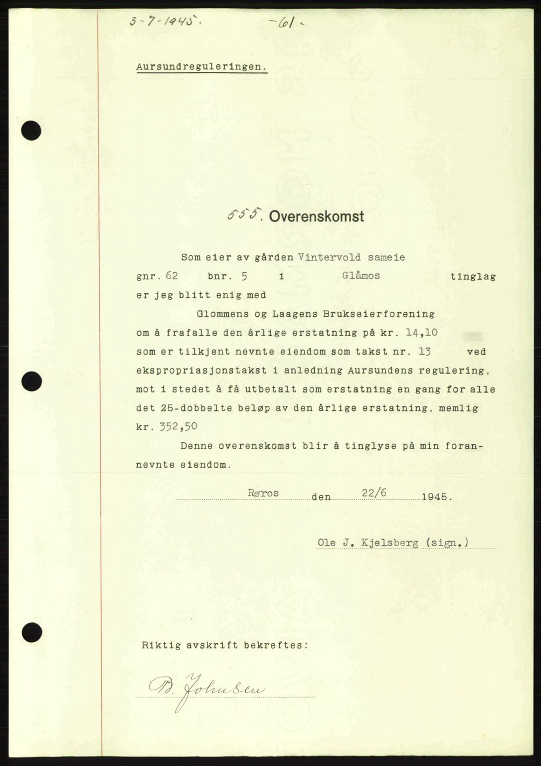 Gauldal sorenskriveri, SAT/A-0014/1/2/2C: Pantebok nr. A1a, 1945-1945, Dagboknr: 555/1945