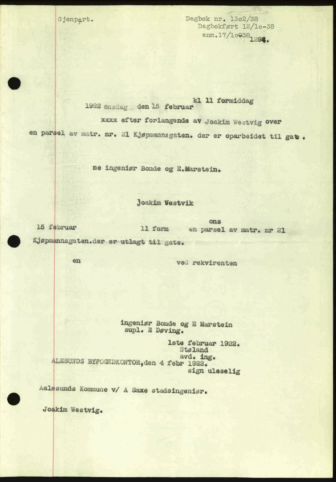 Ålesund byfogd, AV/SAT-A-4384: Pantebok nr. 34 II, 1938-1940, Dagboknr: 1302/1938