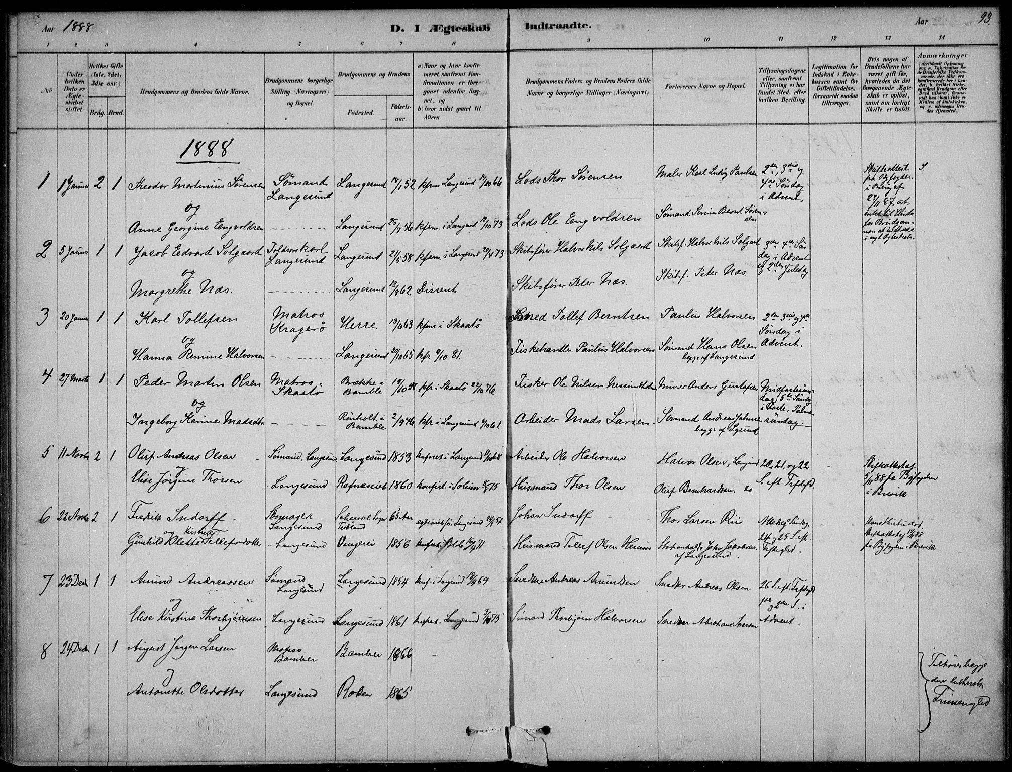 Langesund kirkebøker, AV/SAKO-A-280/F/Fa/L0002: Ministerialbok nr. 2, 1878-1892, s. 93
