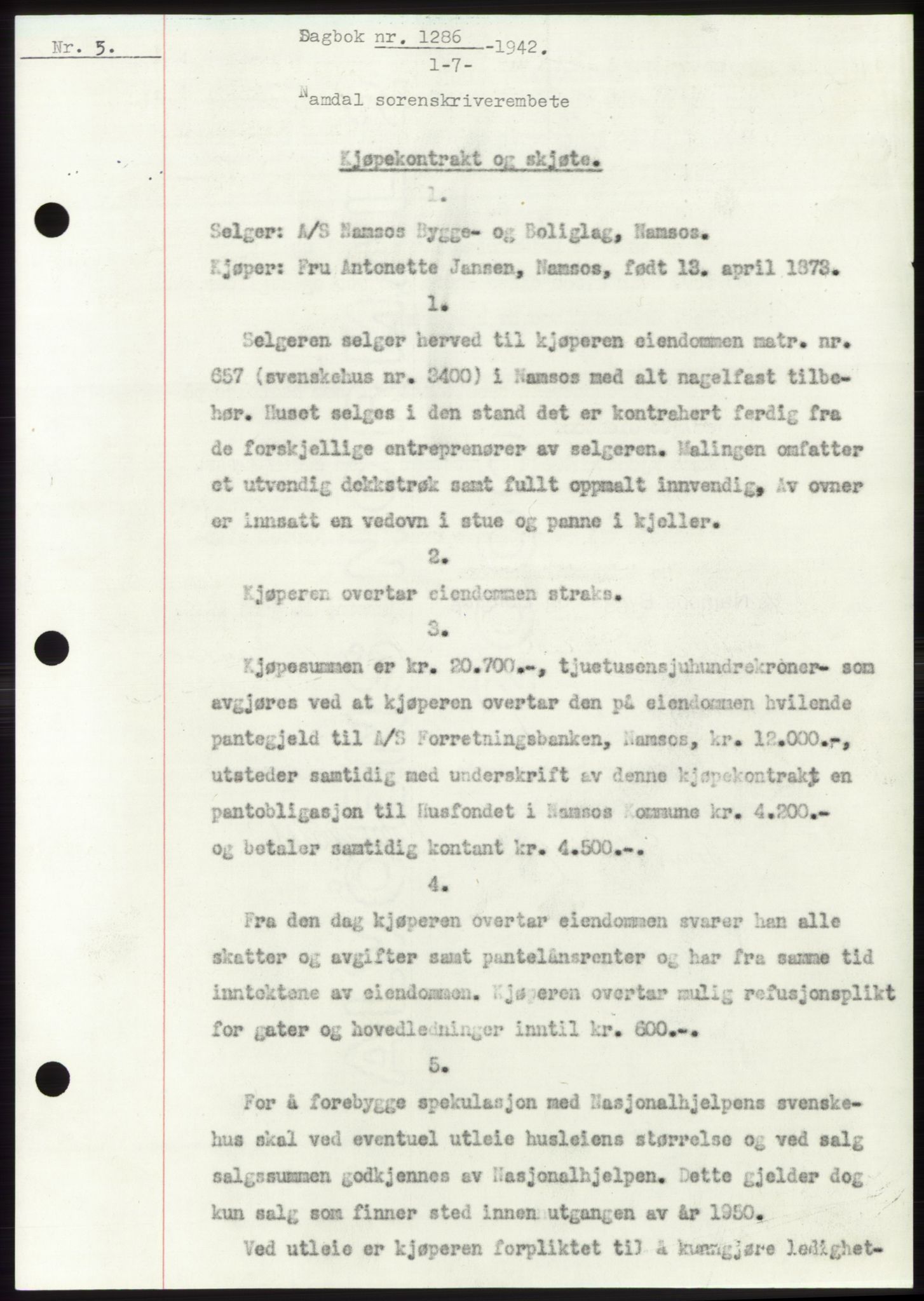 Namdal sorenskriveri, SAT/A-4133/1/2/2C: Pantebok nr. -, 1942-1943, Dagboknr: 1286/1942