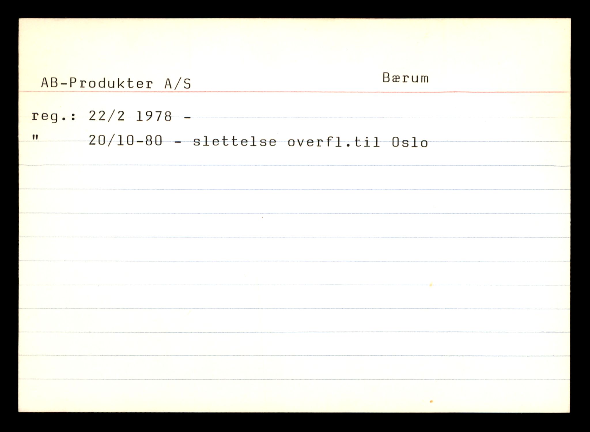 Asker og Bærum tingrett, SAT/A-10379/K/Ka/Kaa/L0001: Kartotekkort over slettede foretak, A - H, 1944-1989, s. 1