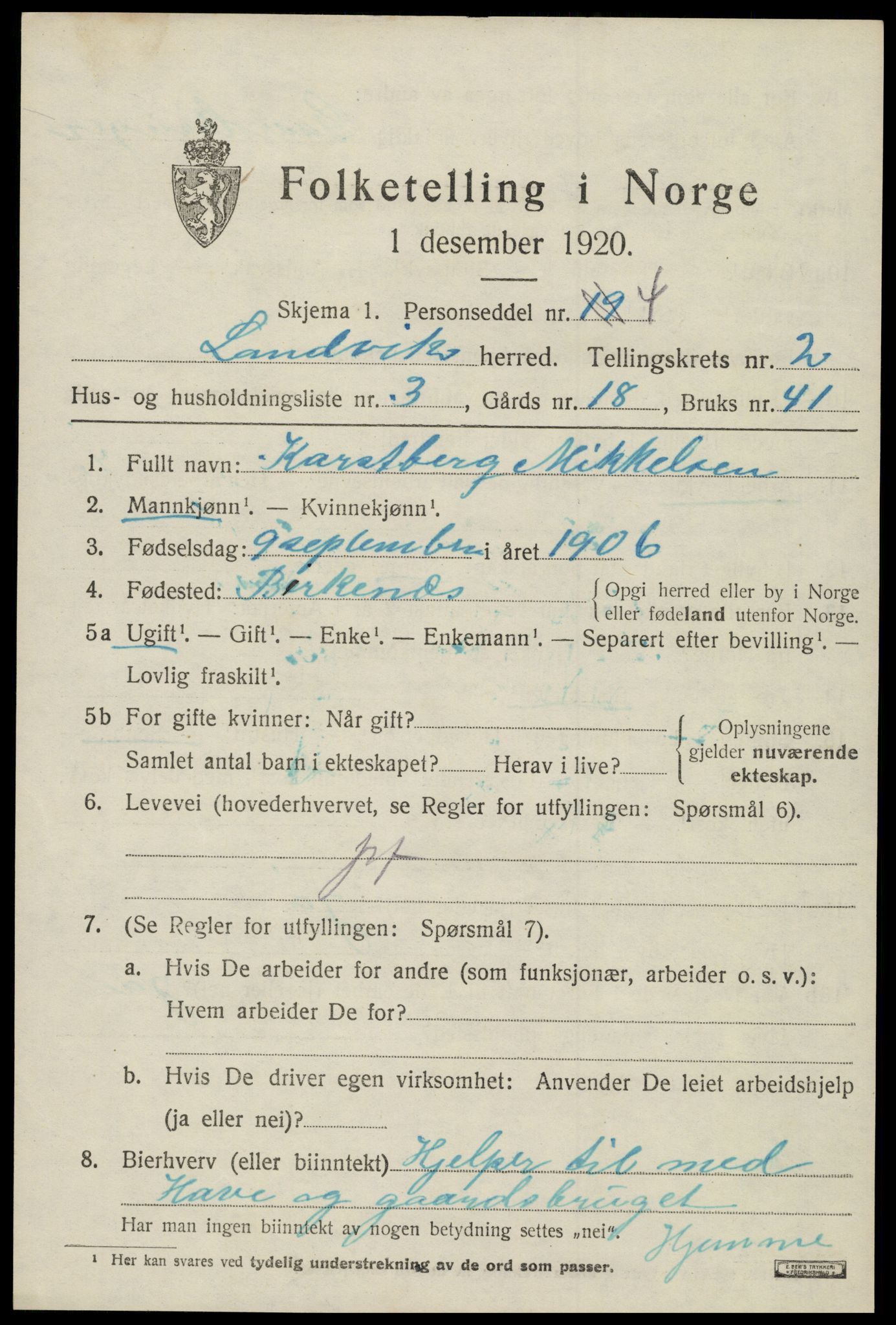 SAK, Folketelling 1920 for 0924 Landvik herred, 1920, s. 1808