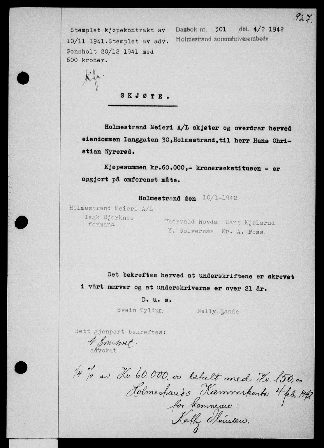 Holmestrand sorenskriveri, SAKO/A-67/G/Ga/Gaa/L0054: Pantebok nr. A-54, 1941-1942, Dagboknr: 301/1942