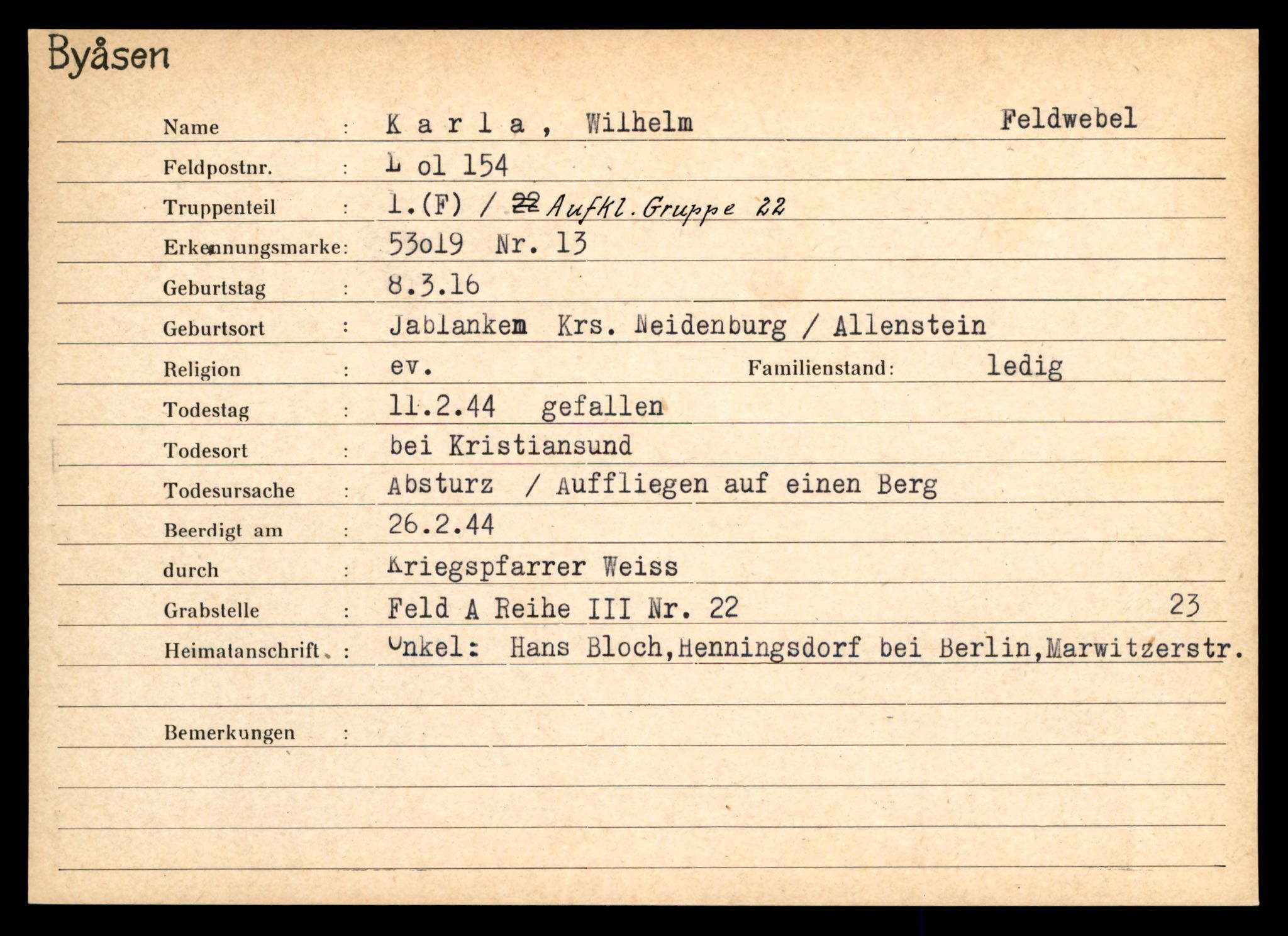 Distriktskontoret for krigsgraver, AV/SAT-A-5030/E/L0004: Kasett/kartotek over tysk Krigskirkegård på Byåsen, 1945, s. 823