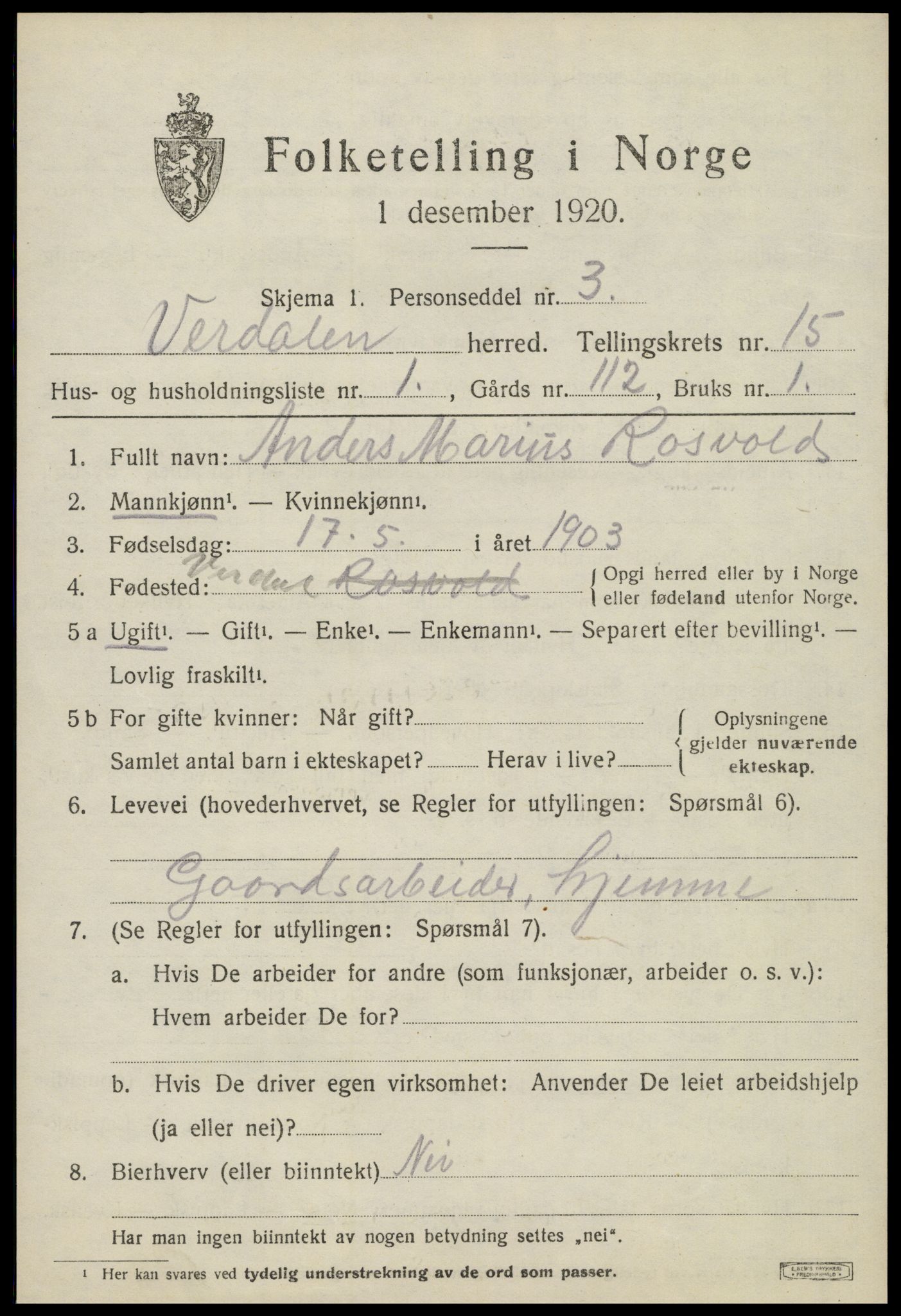 SAT, Folketelling 1920 for 1721 Verdal herred, 1920, s. 14207