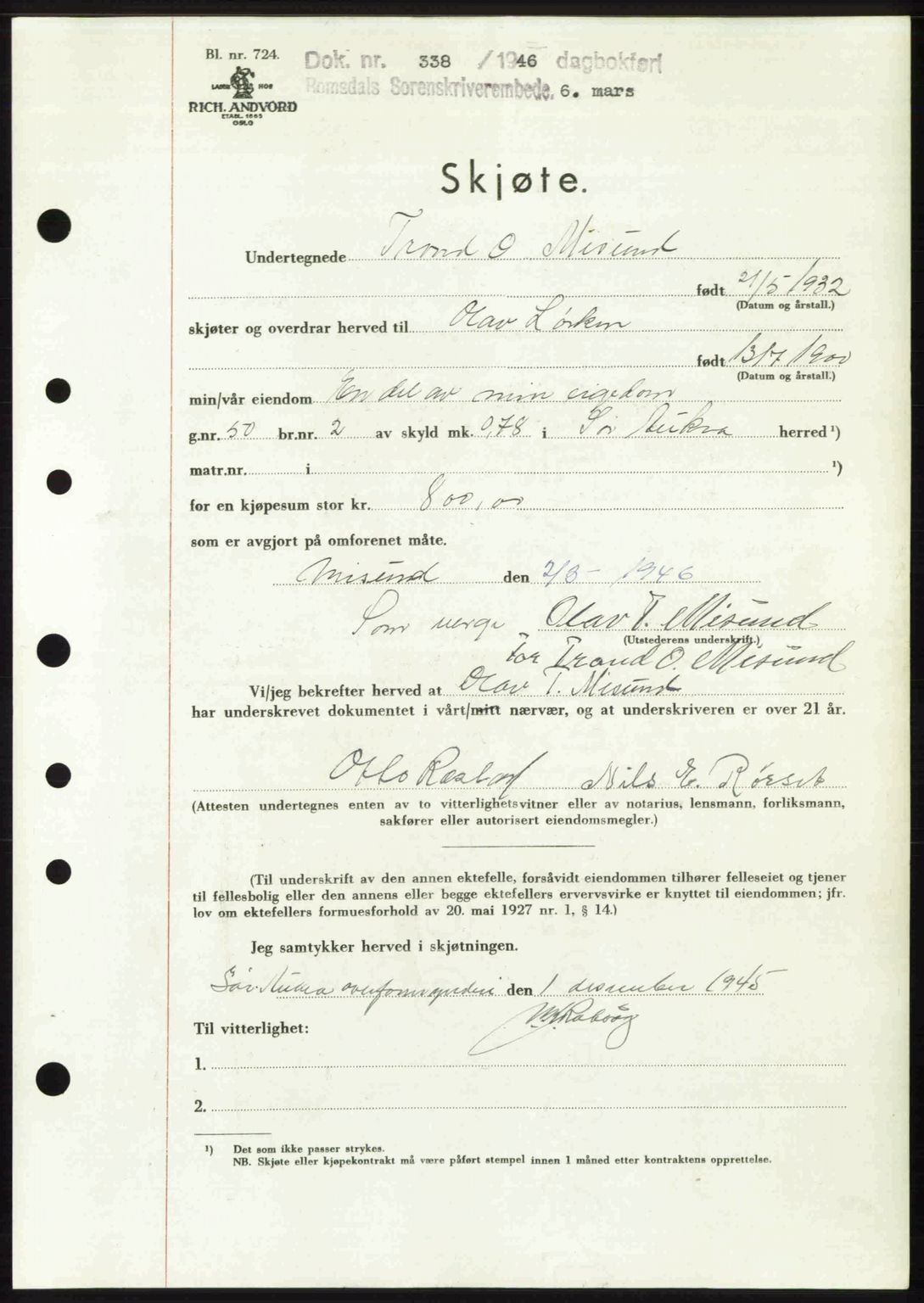 Romsdal sorenskriveri, SAT/A-4149/1/2/2C: Pantebok nr. A19, 1946-1946, Dagboknr: 338/1946