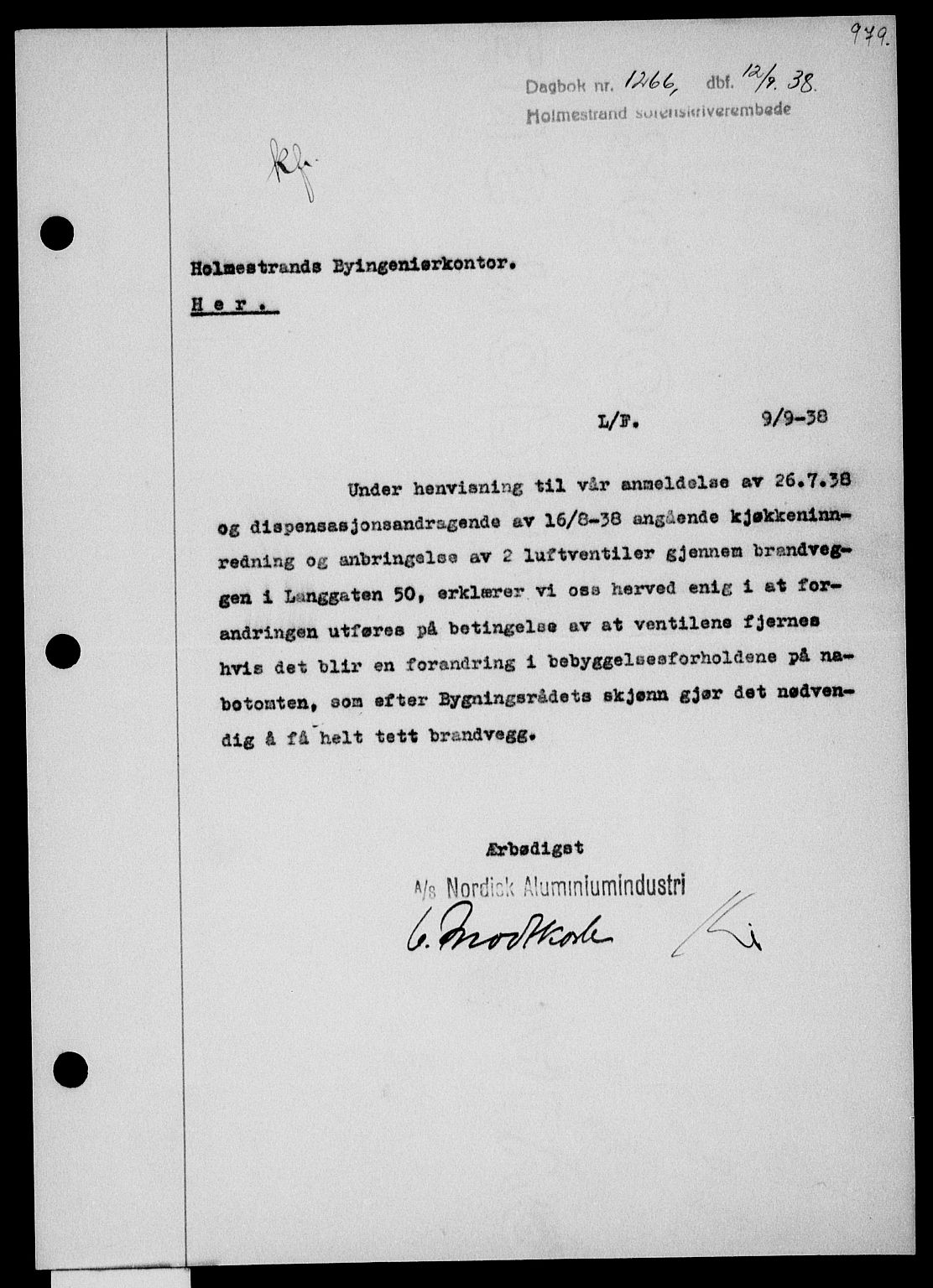 Holmestrand sorenskriveri, SAKO/A-67/G/Ga/Gaa/L0049: Pantebok nr. A-49, 1937-1938, Dagboknr: 1266/1938