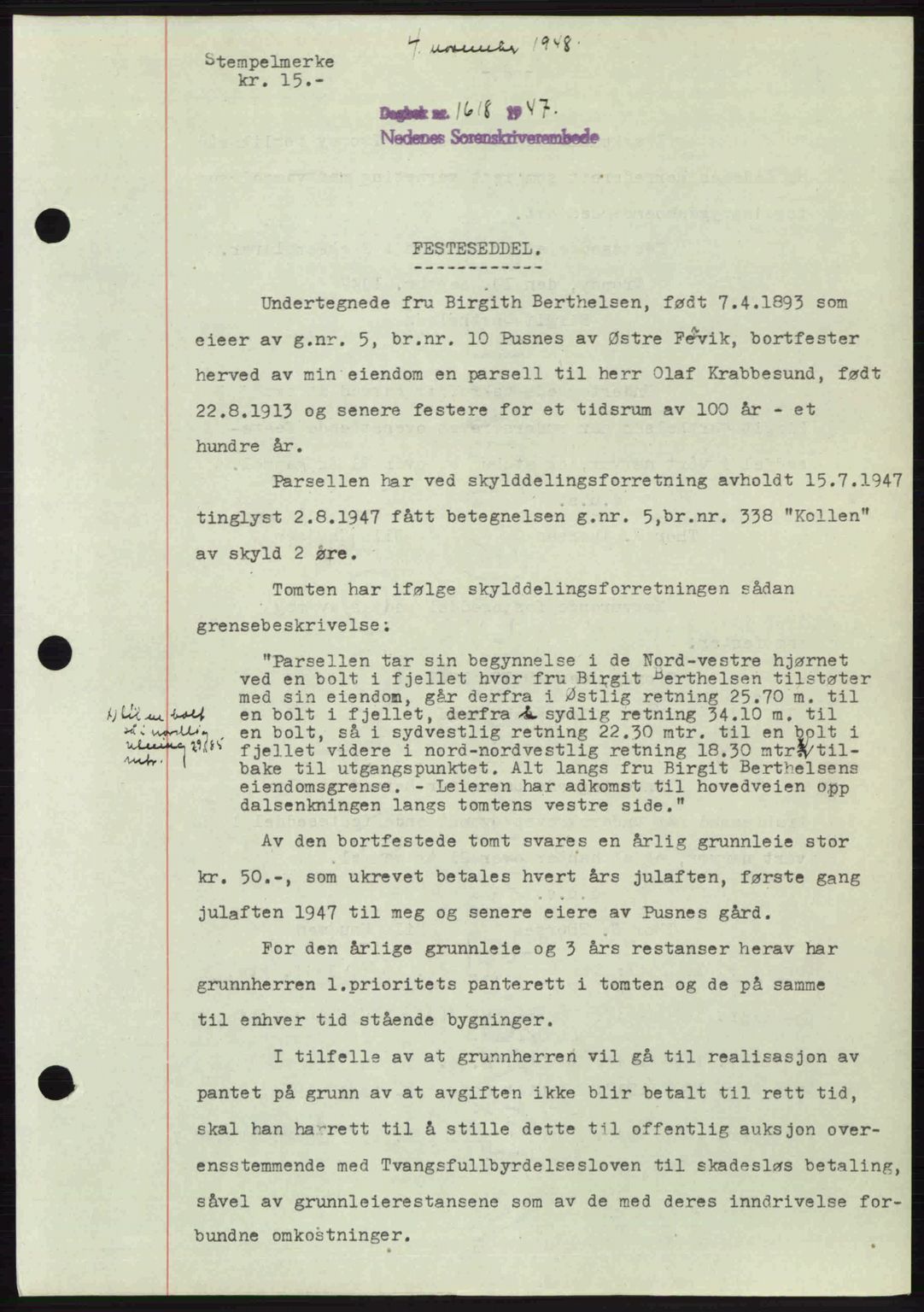 Nedenes sorenskriveri, AV/SAK-1221-0006/G/Gb/Gba/L0058: Pantebok nr. A10, 1947-1948, Dagboknr: 1618/1947