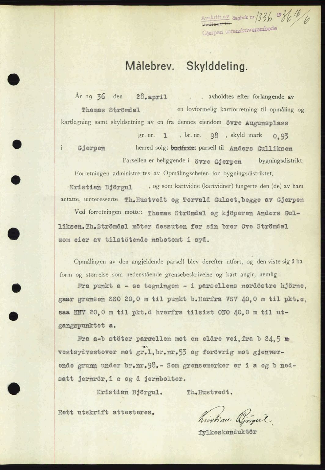 Gjerpen sorenskriveri, SAKO/A-216/G/Ga/Gae/L0067: Pantebok nr. A-66 - A-68, 1936-1937, Dagboknr: 1336/1936