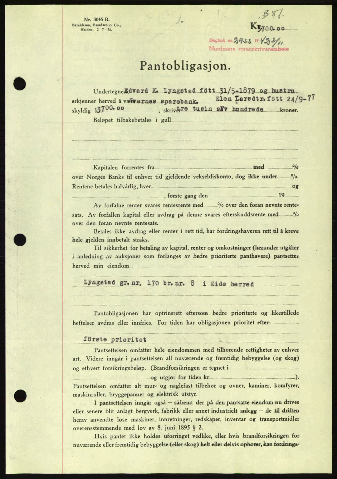 Nordmøre sorenskriveri, SAT/A-4132/1/2/2Ca: Pantebok nr. B90, 1942-1943, Dagboknr: 2933/1942