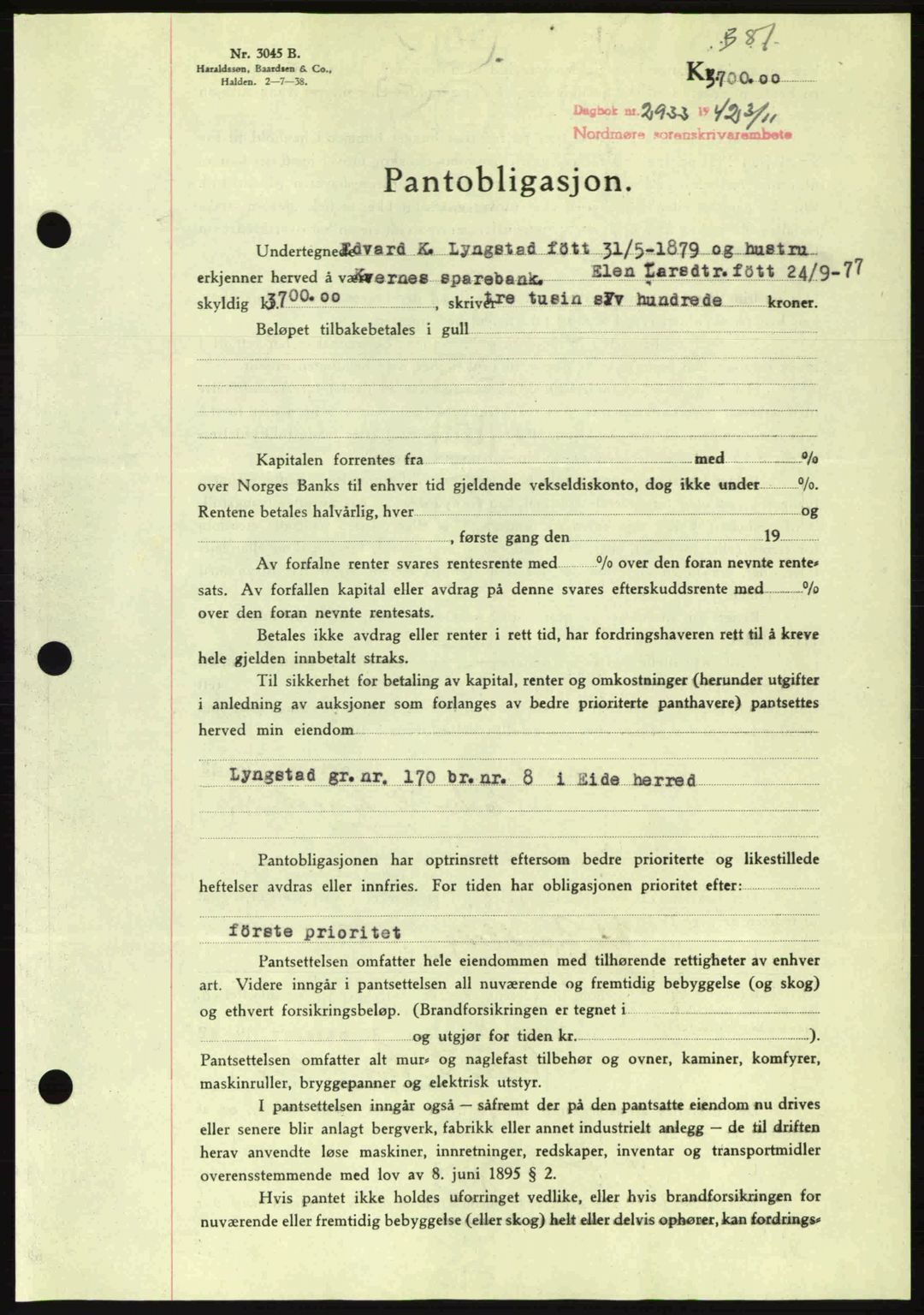 Nordmøre sorenskriveri, AV/SAT-A-4132/1/2/2Ca: Pantebok nr. B90, 1942-1943, Dagboknr: 2933/1942