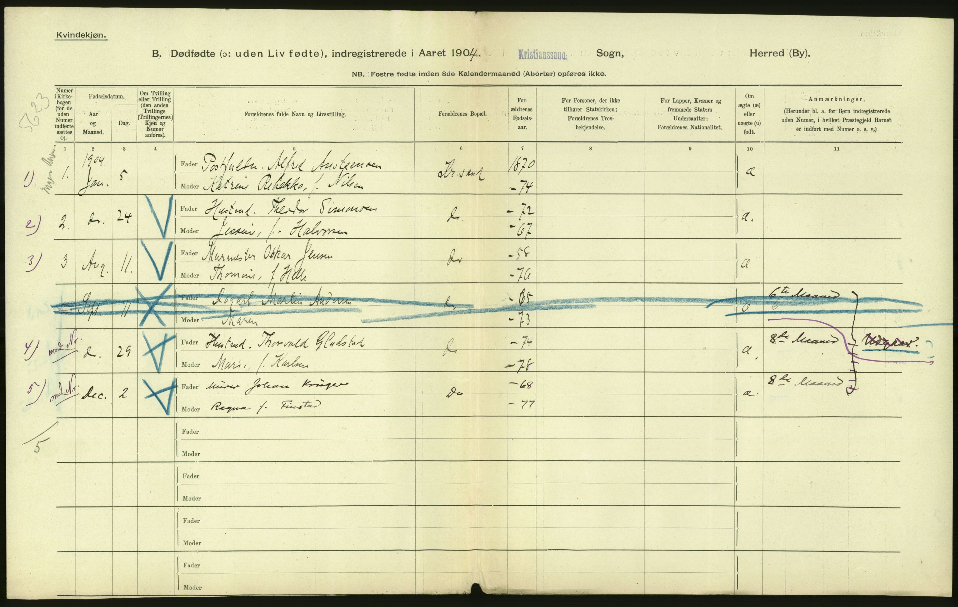 Statistisk sentralbyrå, Sosiodemografiske emner, Befolkning, RA/S-2228/D/Df/Dfa/Dfab/L0027: Smålenes amt - Finnmarkens amt: Dødfødte. Byer, 1904, s. 156