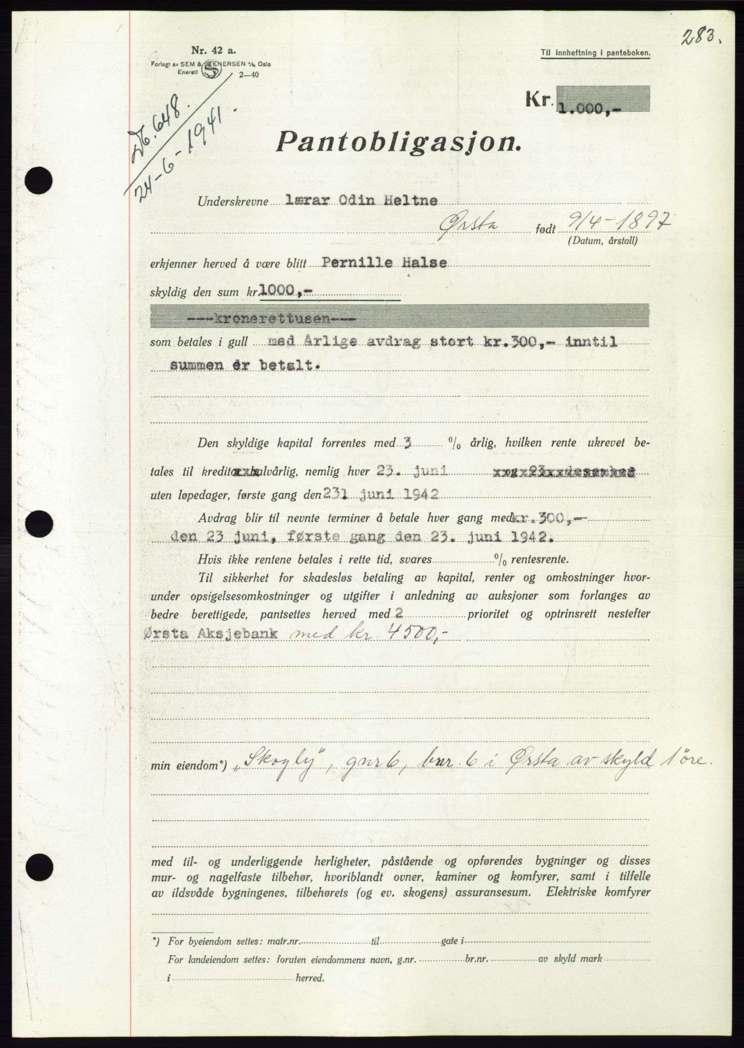 Søre Sunnmøre sorenskriveri, AV/SAT-A-4122/1/2/2C/L0071: Pantebok nr. 65, 1941-1941, Dagboknr: 648/1941