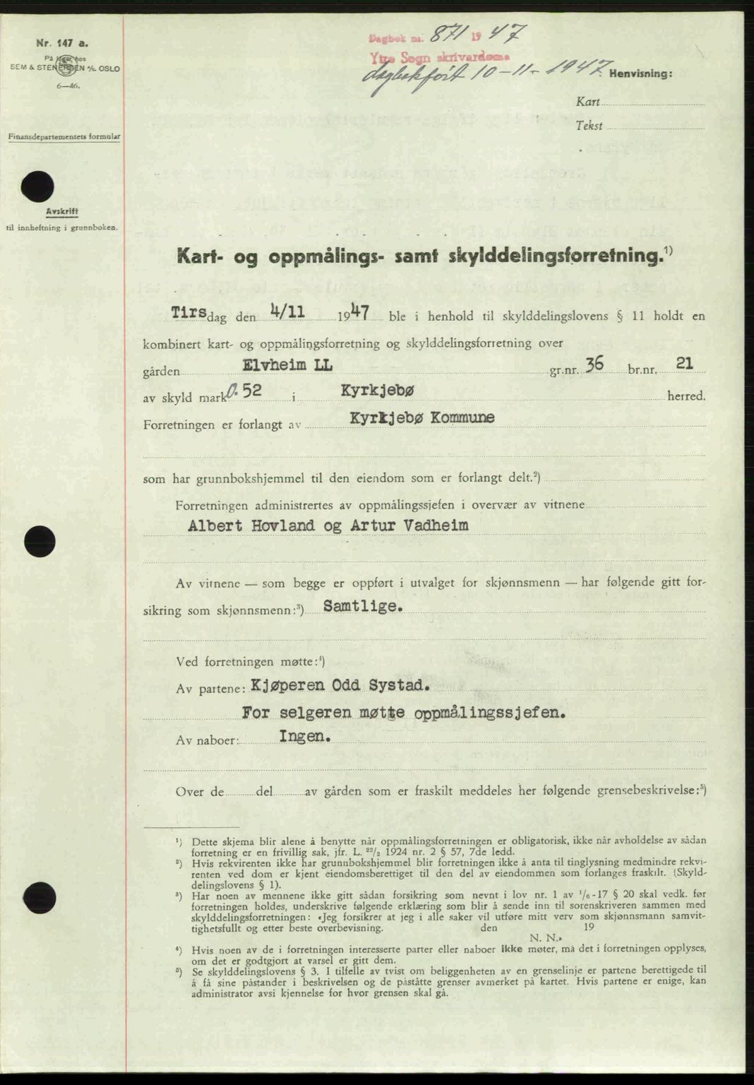 Ytre Sogn tingrett, SAB/A-2601/1/G/Gbb/L0005: Pantebok nr. A3 - A4 (B2), 1947-1948, Dagboknr: 871/1947