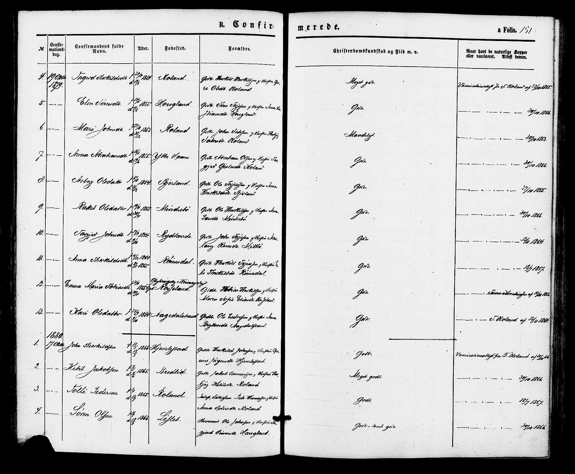 Bjelland sokneprestkontor, SAK/1111-0005/F/Fa/Faa/L0003: Ministerialbok nr. A 3, 1867-1887, s. 151