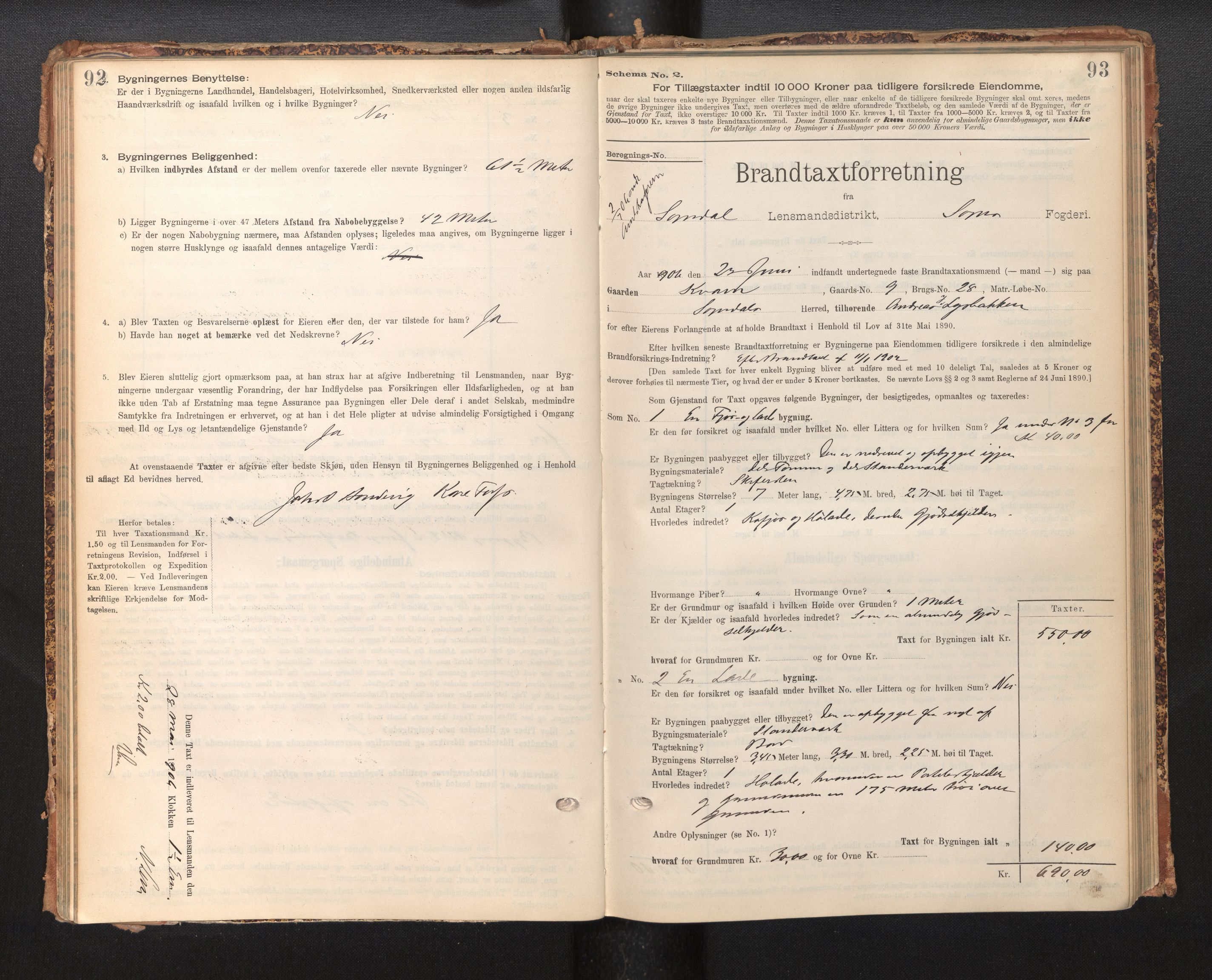Lensmannen i Sogndal, SAB/A-29901/0012/L0009: Branntakstprotokoll, skjematakst, 1901-1914, s. 92-93