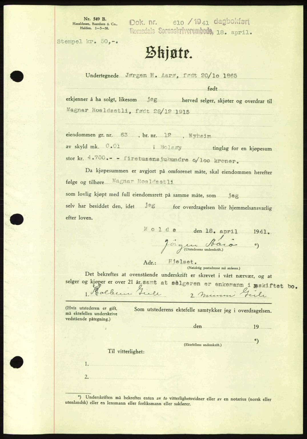 Romsdal sorenskriveri, SAT/A-4149/1/2/2C: Pantebok nr. A9, 1940-1941, Dagboknr: 610/1941