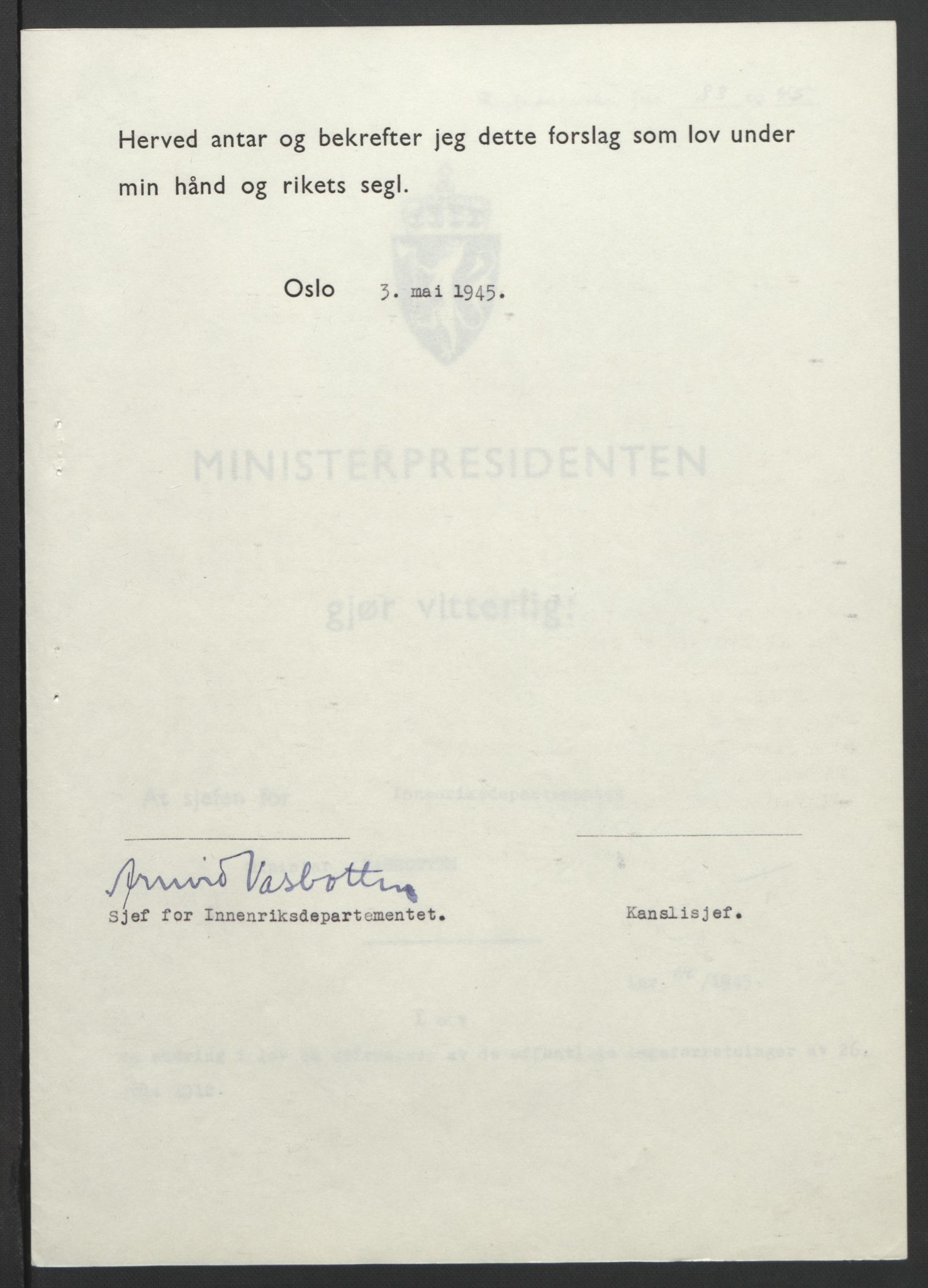 NS-administrasjonen 1940-1945 (Statsrådsekretariatet, de kommisariske statsråder mm), AV/RA-S-4279/D/Db/L0101/0001: -- / Lover og vedtak, 1945, s. 165