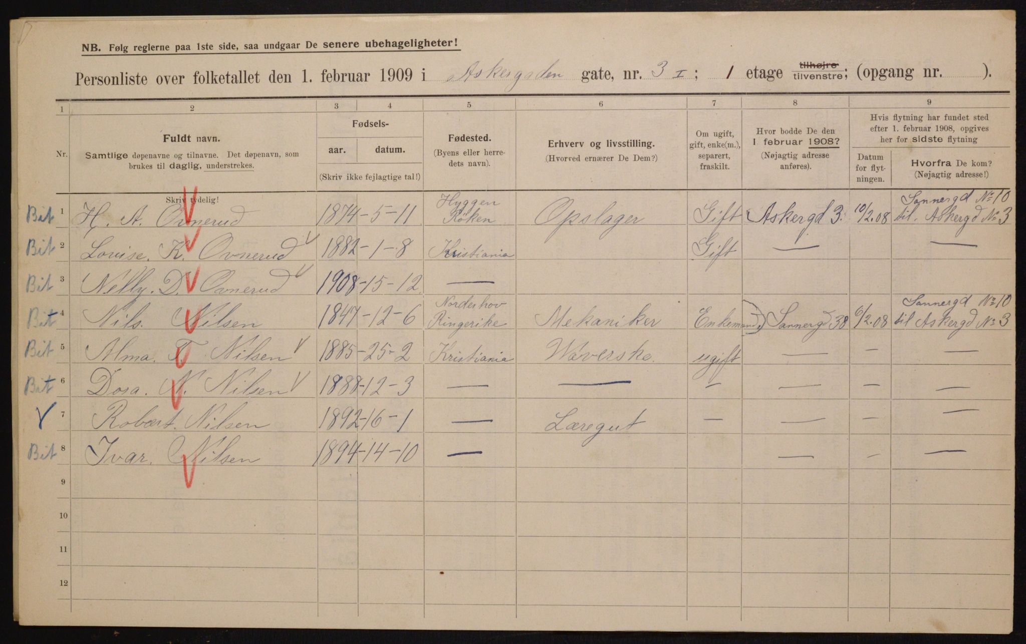 OBA, Kommunal folketelling 1.2.1909 for Kristiania kjøpstad, 1909, s. 2363