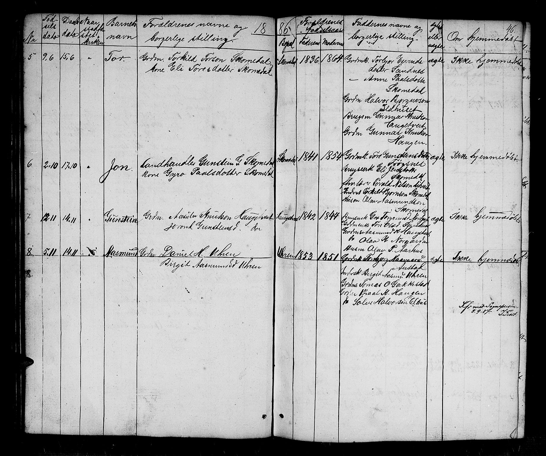 Bygland sokneprestkontor, AV/SAK-1111-0006/F/Fb/Fbc/L0001: Klokkerbok nr. B 1, 1848-1894, s. 46